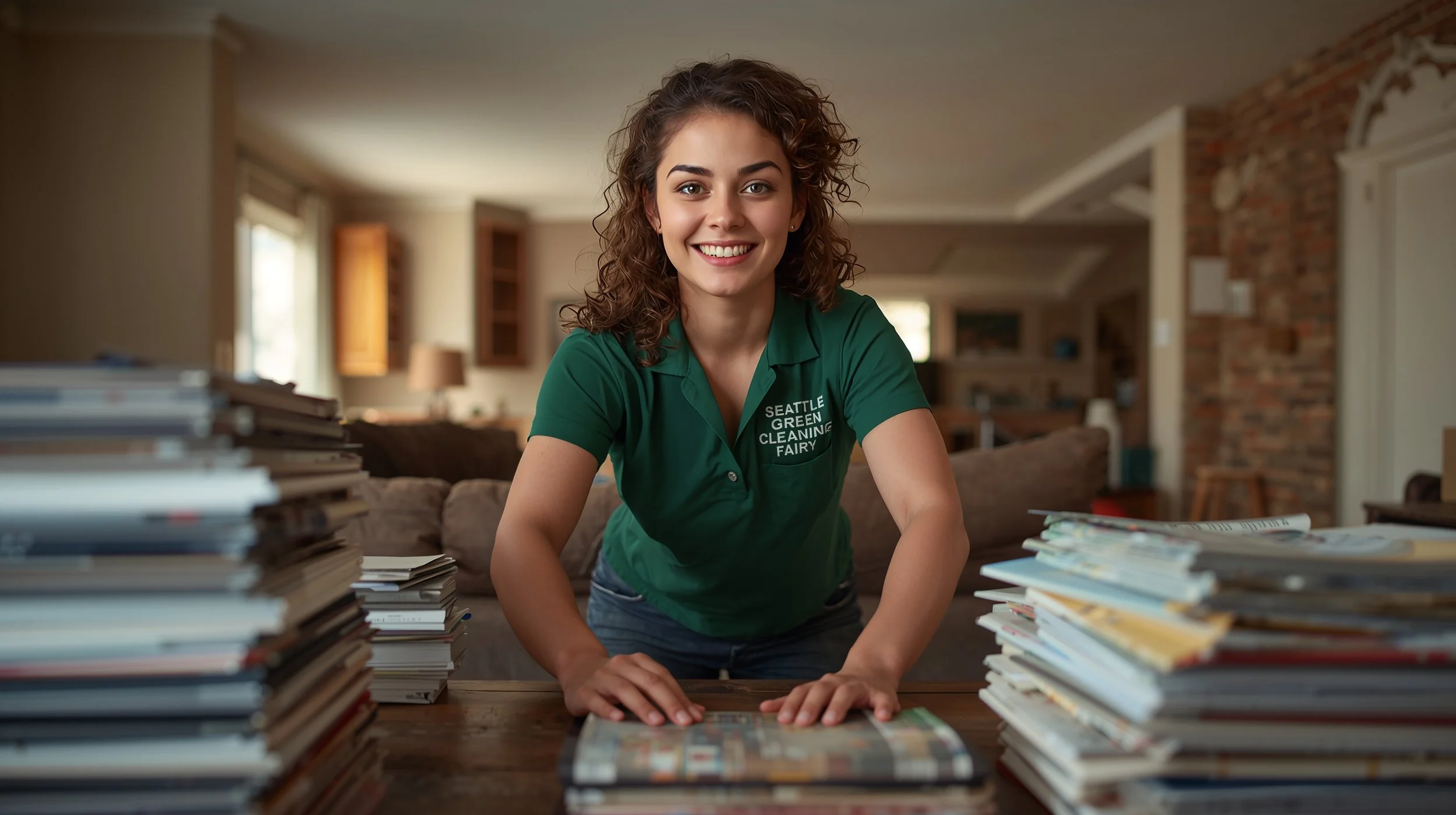 Professional hoarding cleanup specialist sorting paper clutter inside a Bellevue home