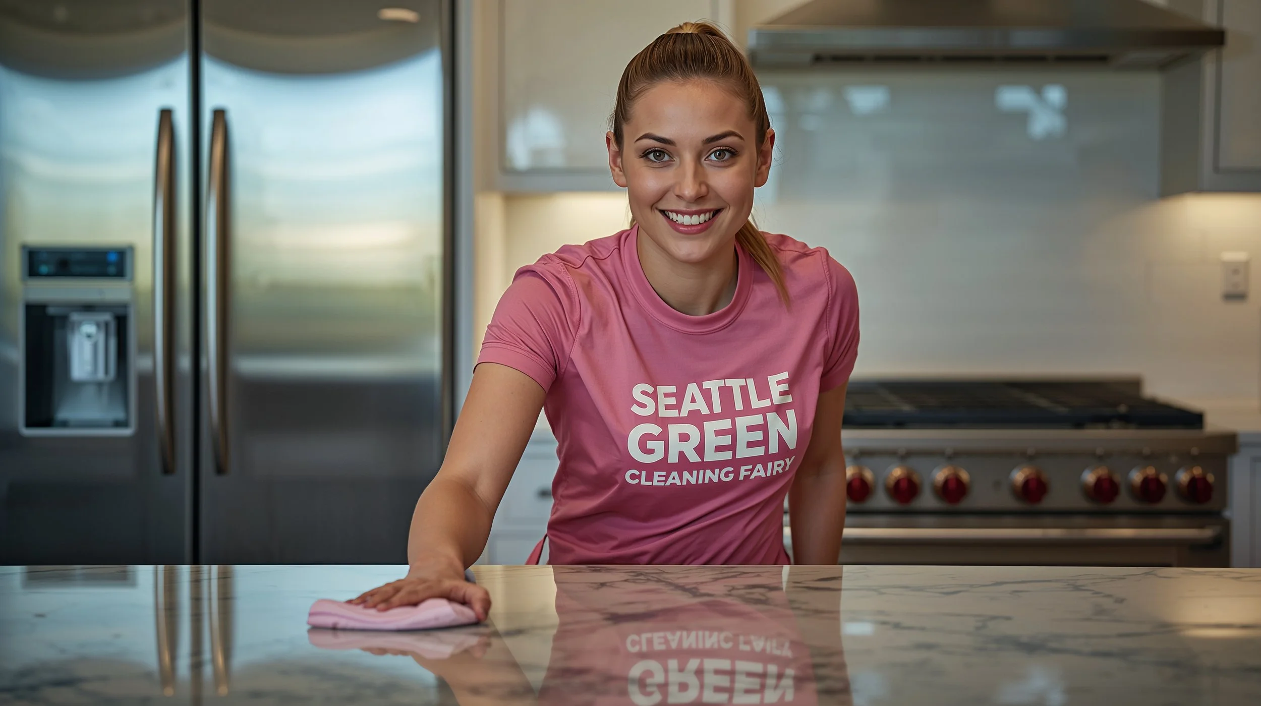 Professional bubbly cleaning service in Seattle shown with a cleaner polishing a luxury kitchen interior