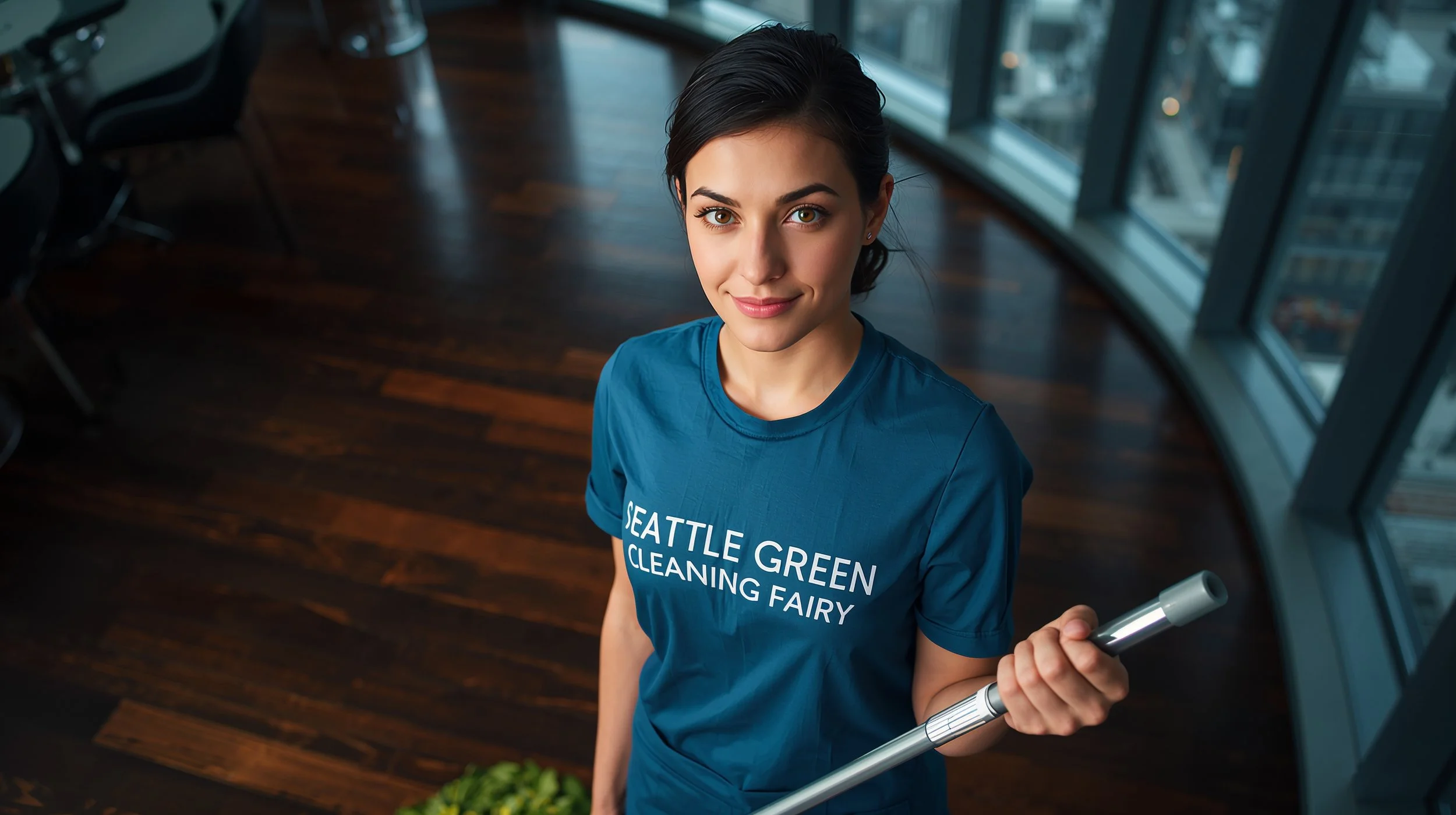 Professional Seattle cleaning service mopping polished hardwood floors in upscale condo.