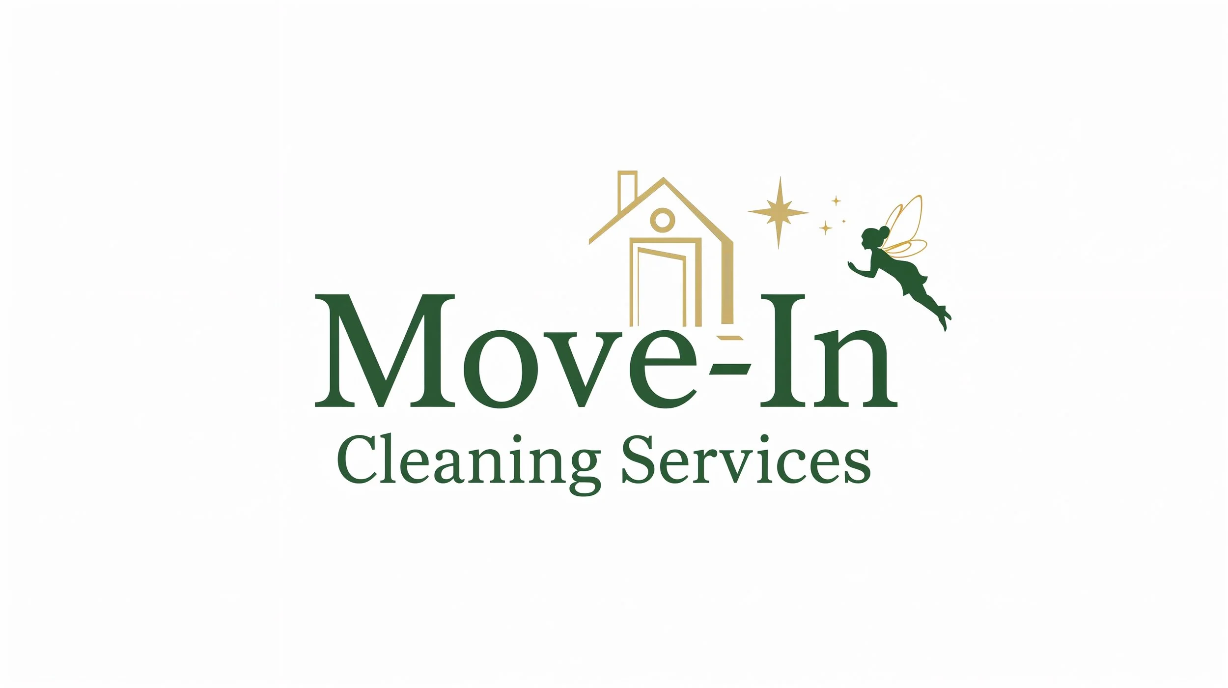 Move-in cleaning services logo with modern text, house outline, and subtle fairy accent