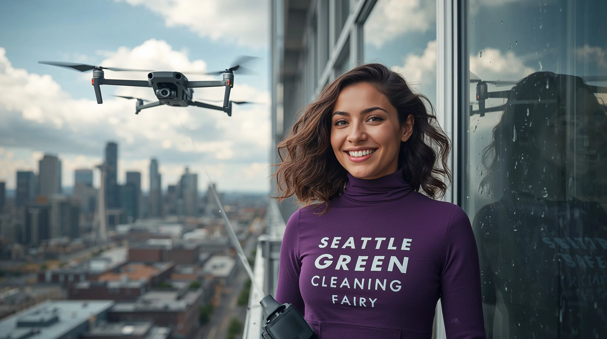 Drone cleaning office tower windows in Seattle
