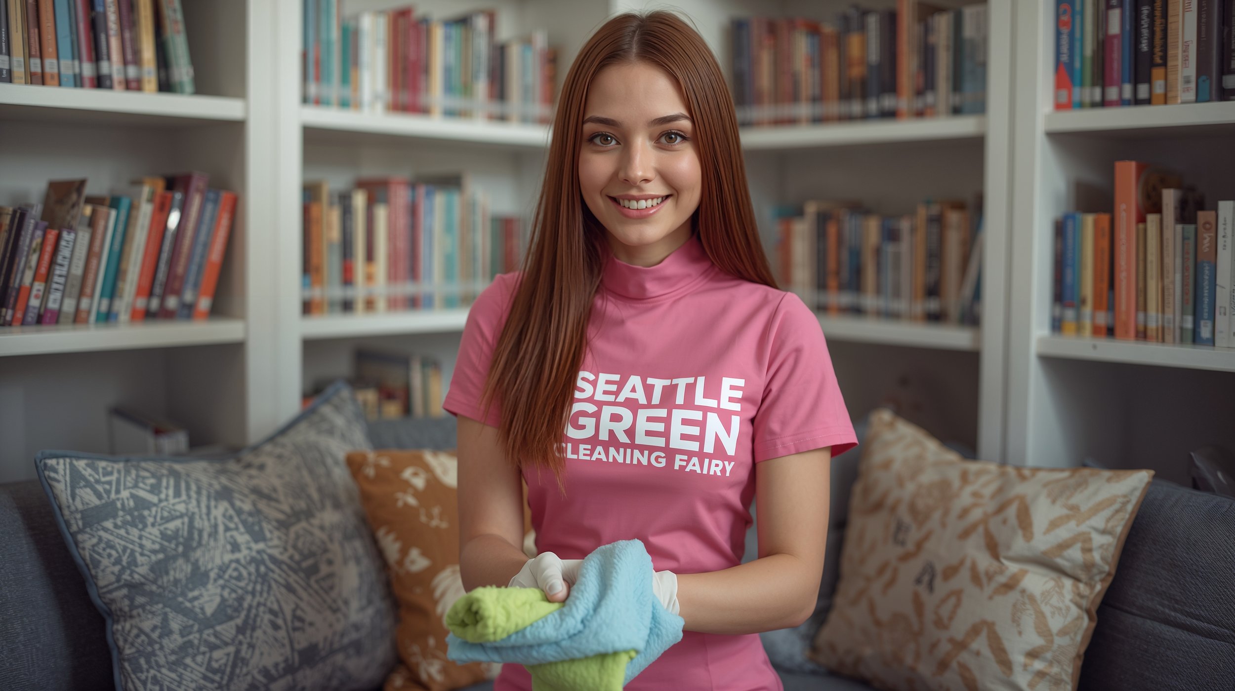 Professional cleaner preparing a clean daycare reading area in Seattle