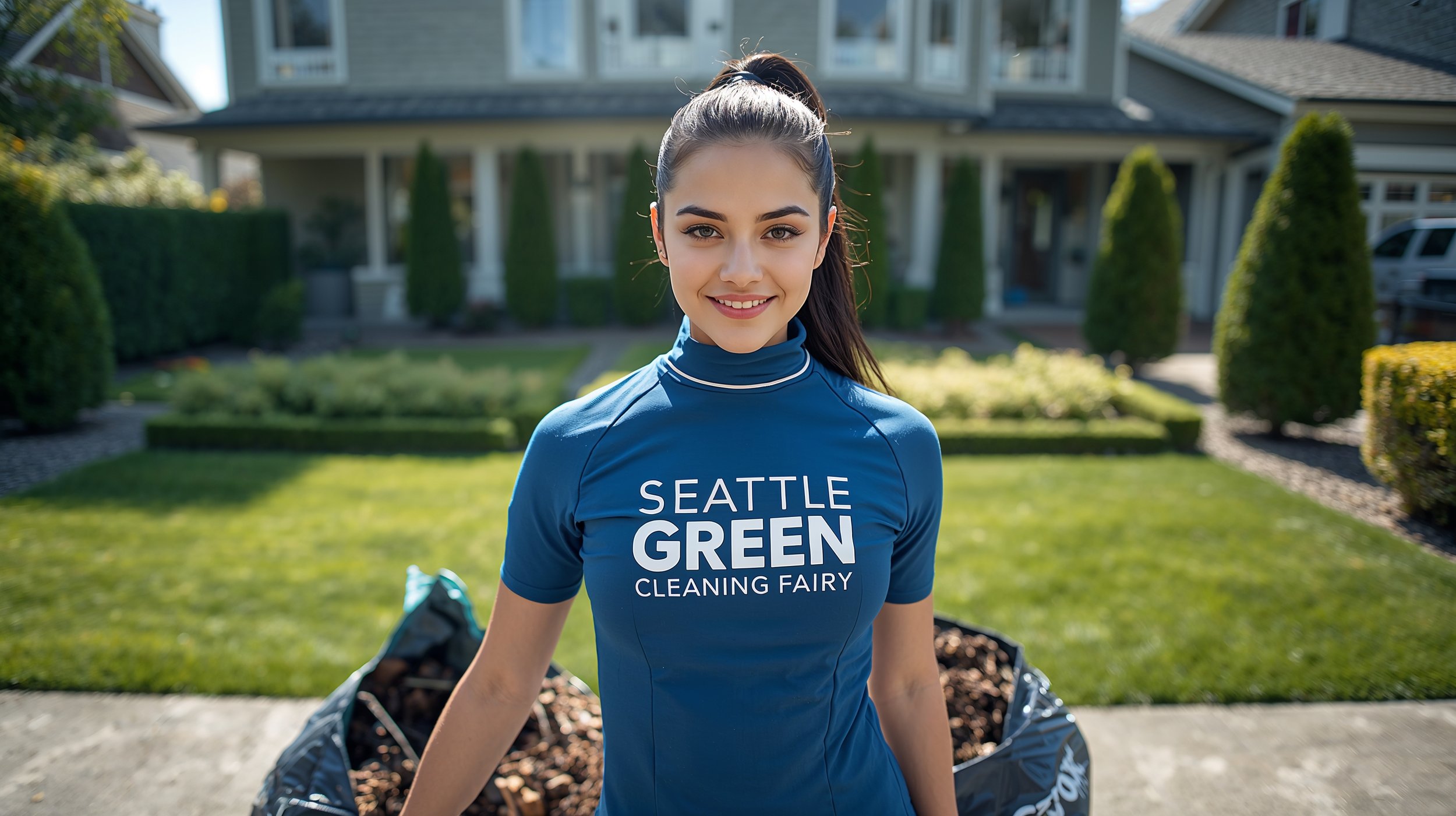 Professional yard cleanup specialist posing with filled yard waste bags in upscale Seattle garden