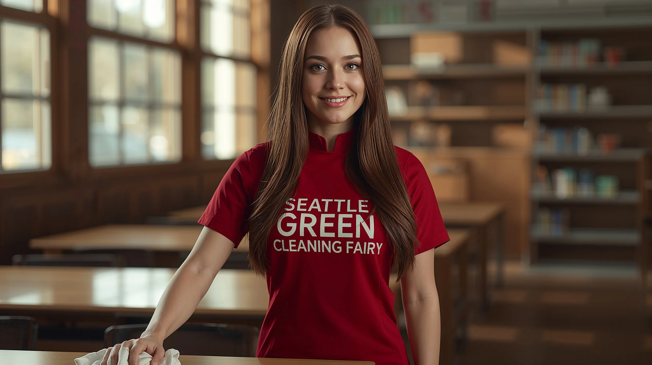 Professional cleaner smiling while cleaning a school library in Seattle