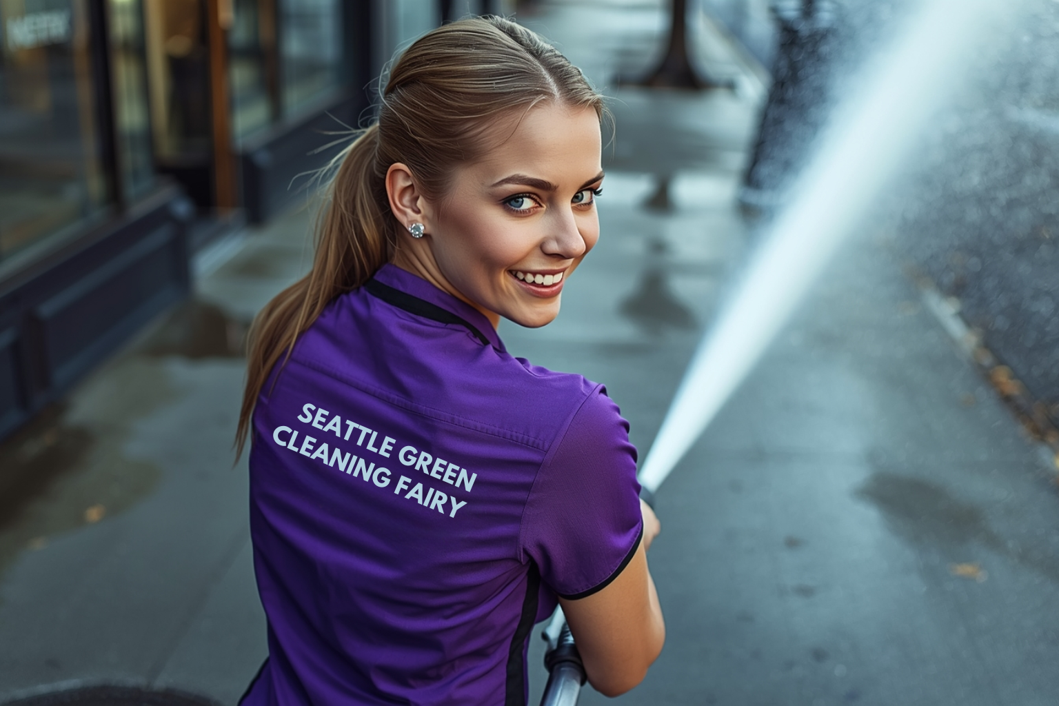 Professional cleaner pressure washing a Seattle concrete sidewalk