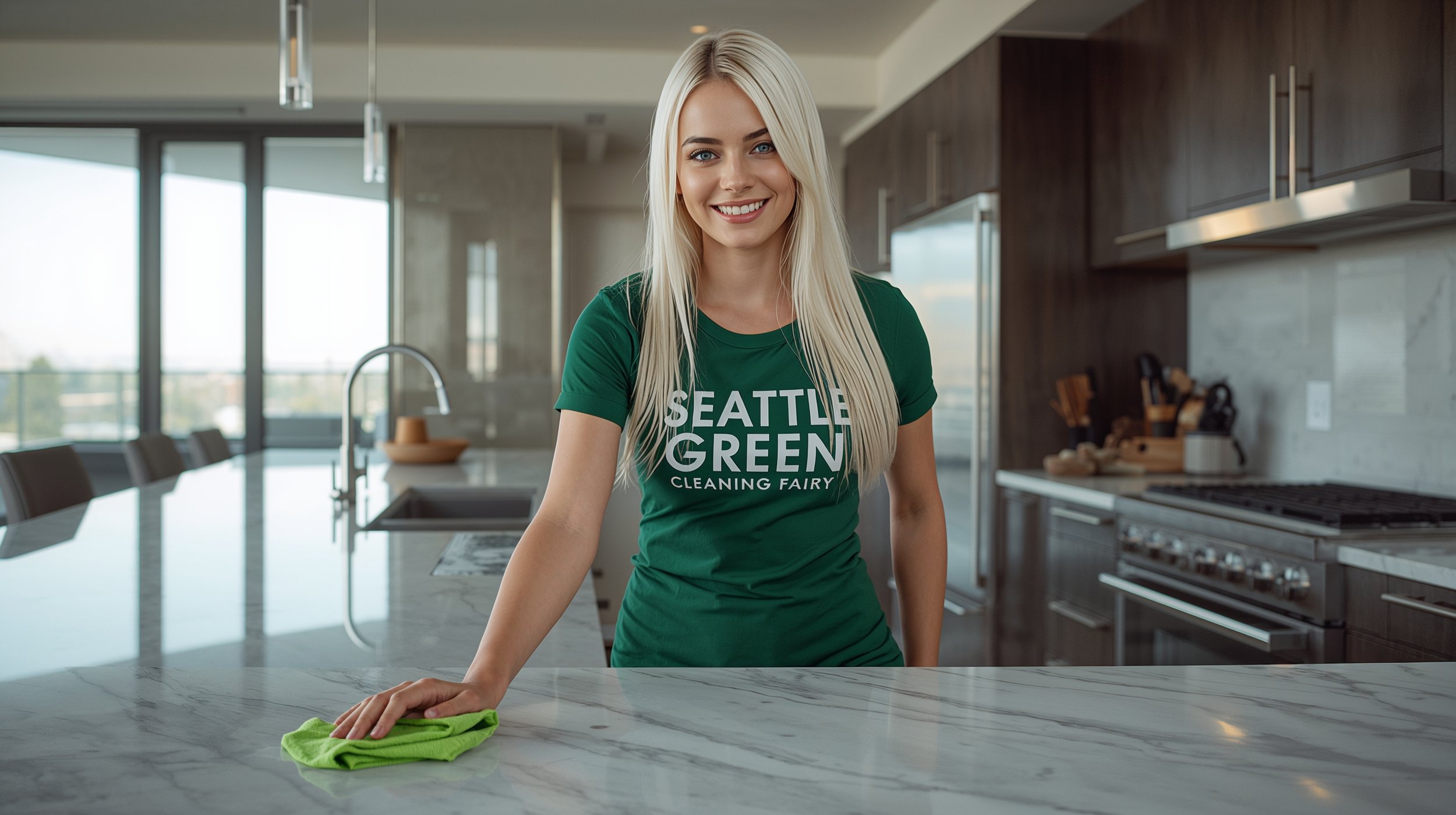 Young professional cleaner in green uniform polishing a luxury Seattle kitchen island during weekly home cleaning service.