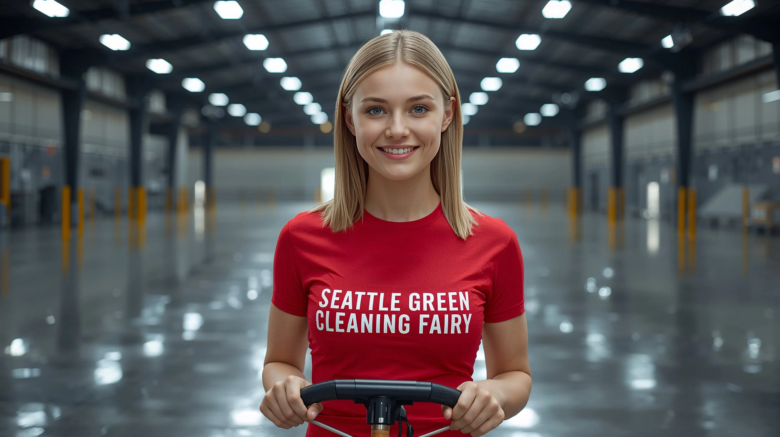 Young professional cleaner operating industrial floor scrubber inside Seattle warehouse facility.