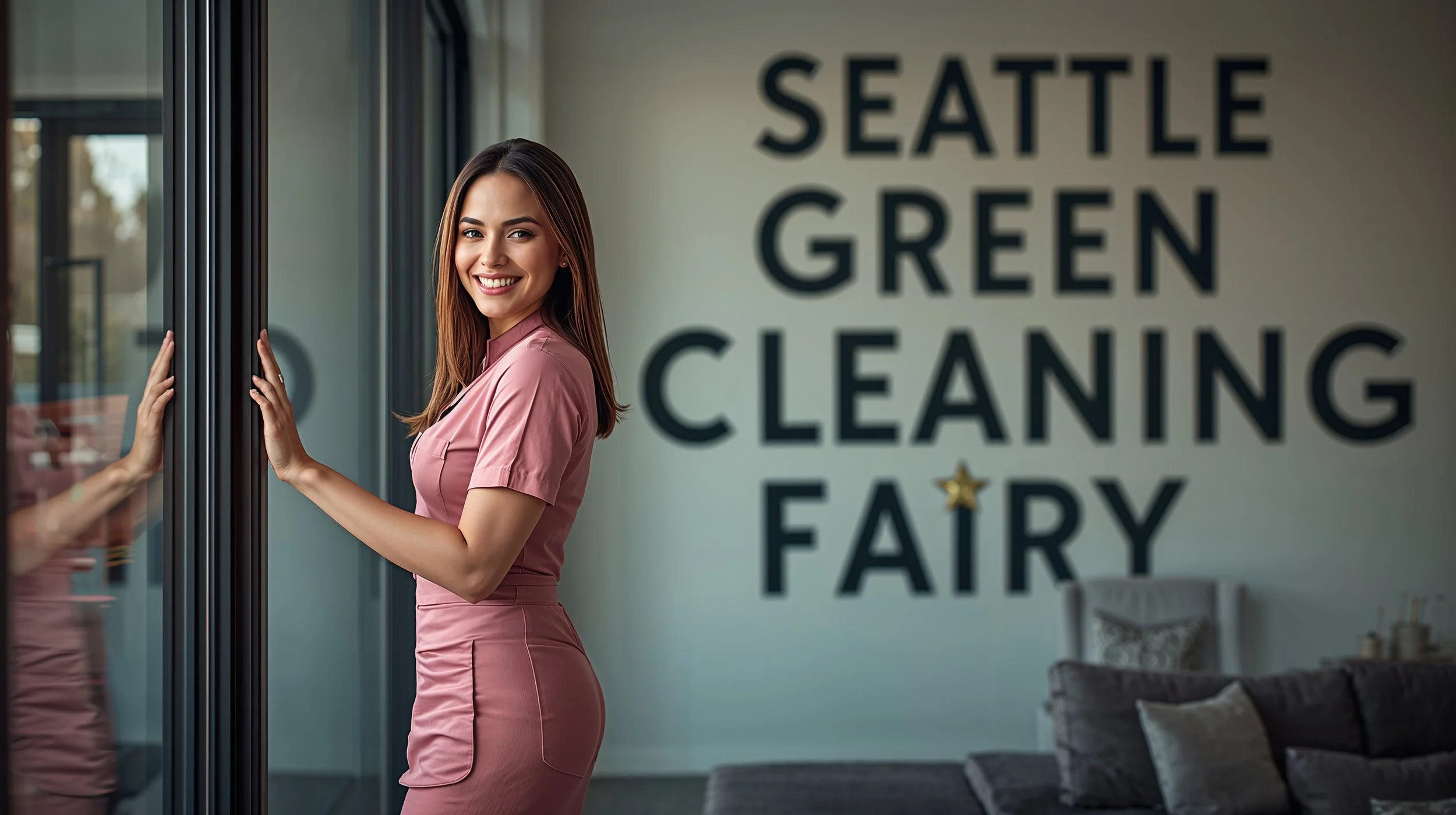 Professional cleaner polishing large interior glass wall inside luxury Bellevue living room.