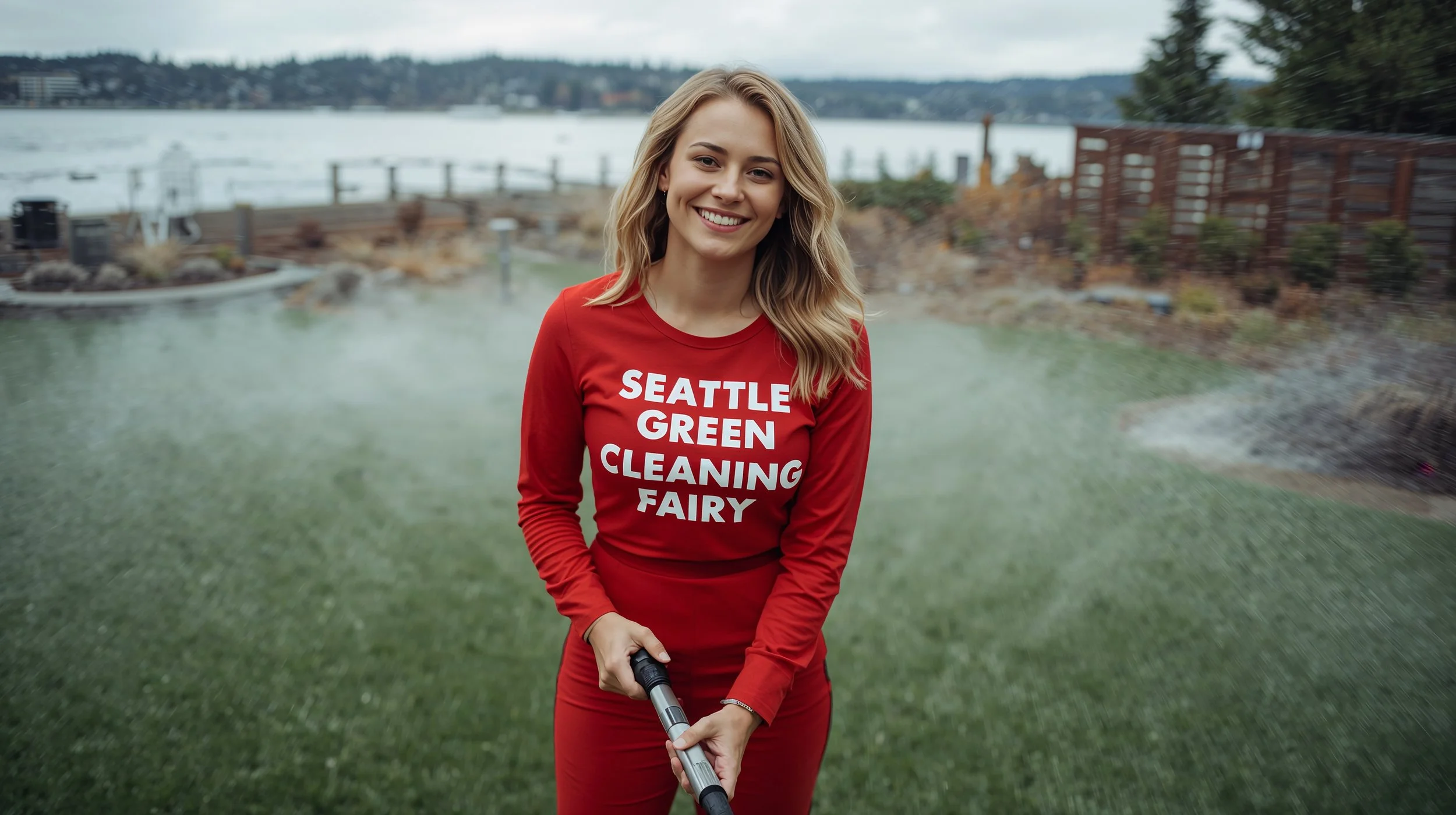 Professional turf rinsing service at Seattle waterfront property with technician in red uniform.