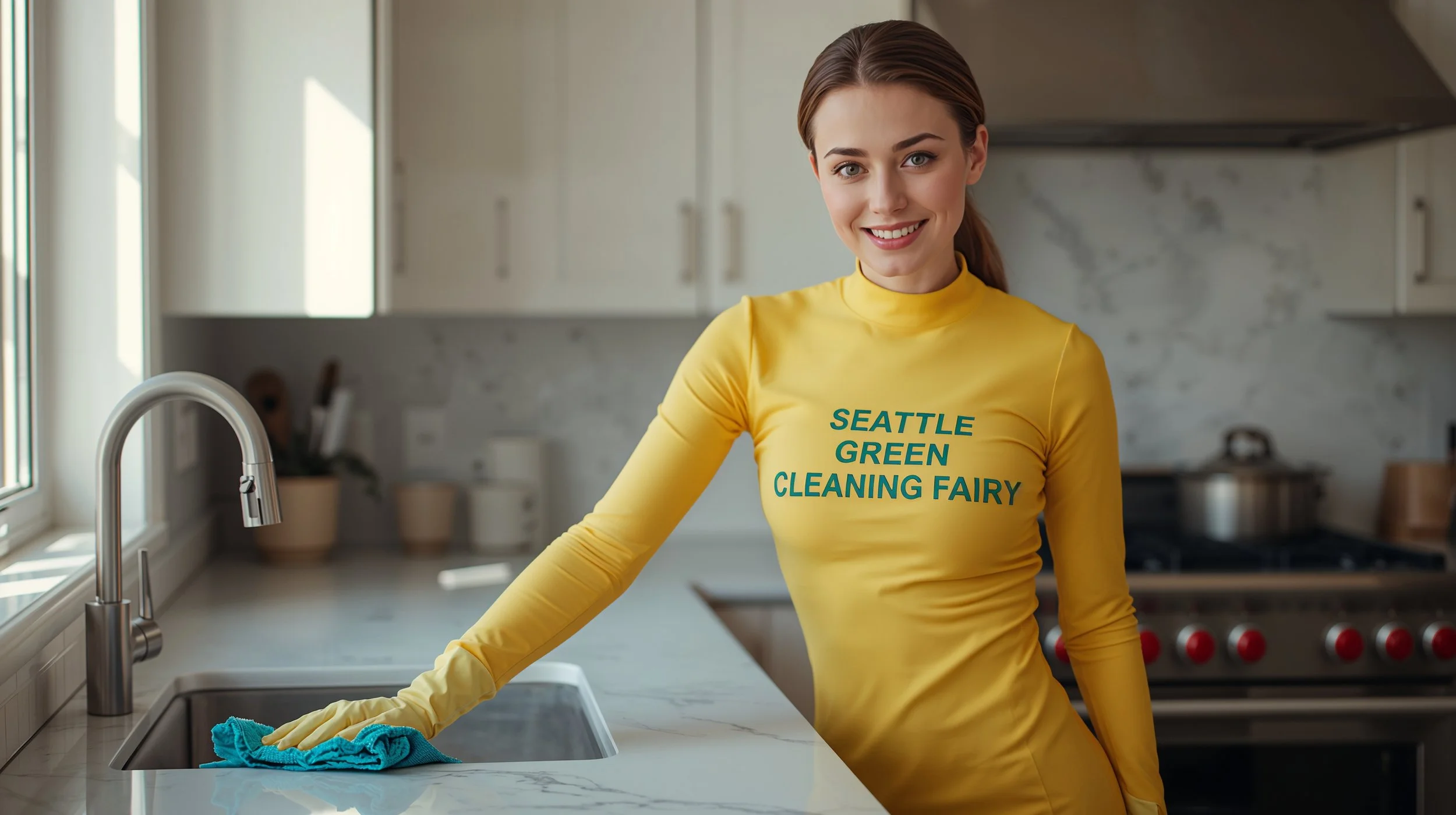 Professional house cleaning services in Eastlake Seattle WA with uniformed cleaner working in a modern kitchen