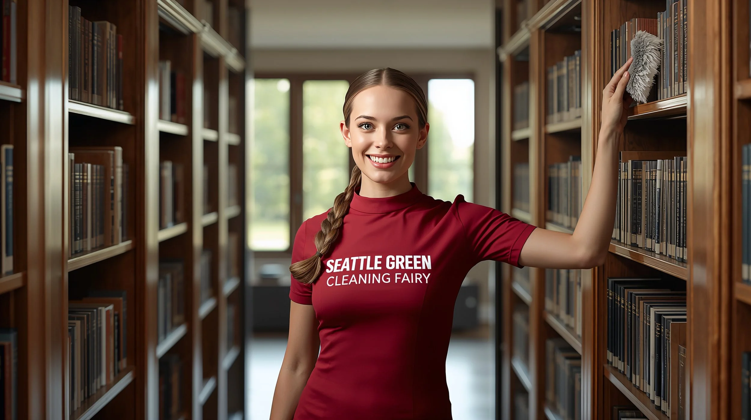 Professional young Polish cleaner from Seattle Green Cleaning Fairy bringing joy and spotless results to a Windermere home library