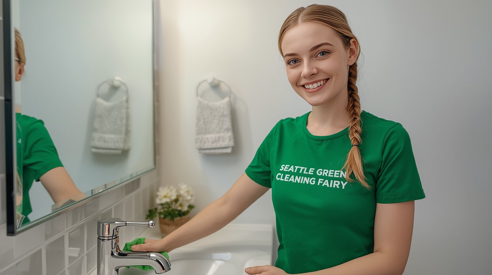 Seattle Green Cleaning Fairy polishing sink faucet in Tacoma Washington bathroom