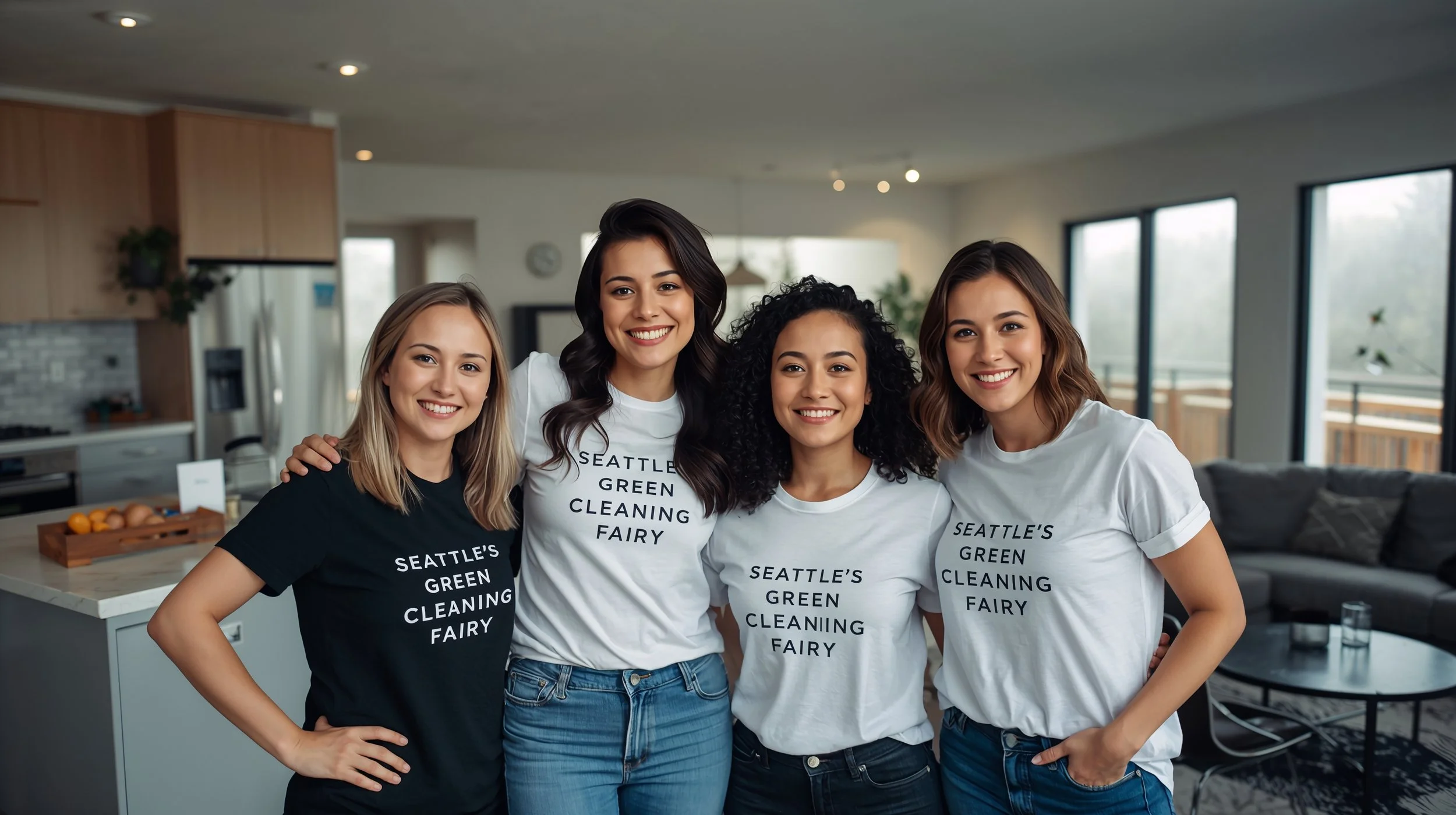 Friendly house cleaning team standing together in a clean modern Seattle home interior
