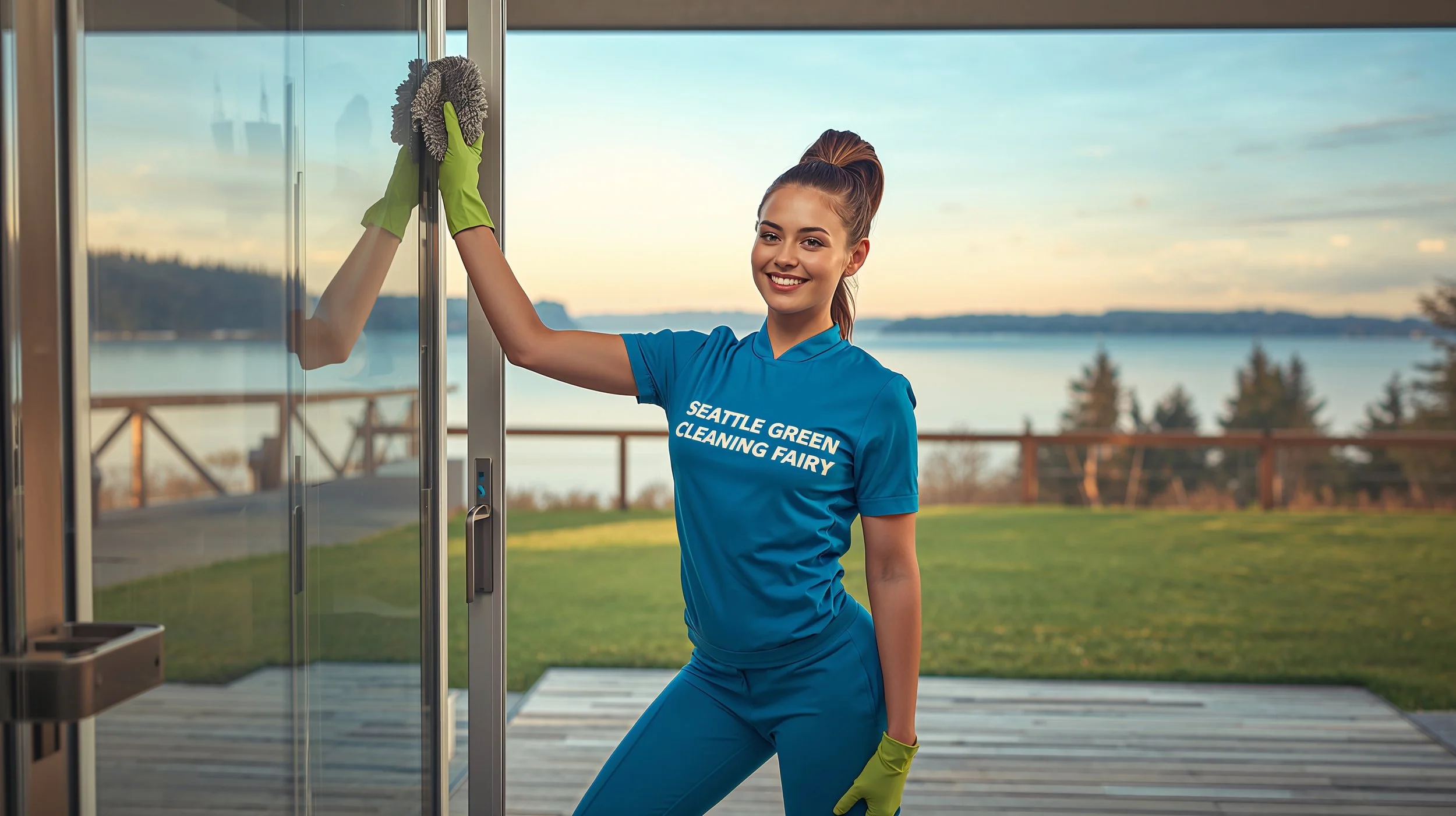 Sliding glass door cleaning with Lake Washington glimpse View Ridge – Seattle Green Cleaning Fairy