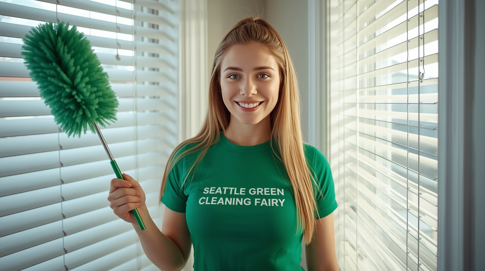 Seattle Green Cleaning Fairy dusting blinds in Tacoma Washington home