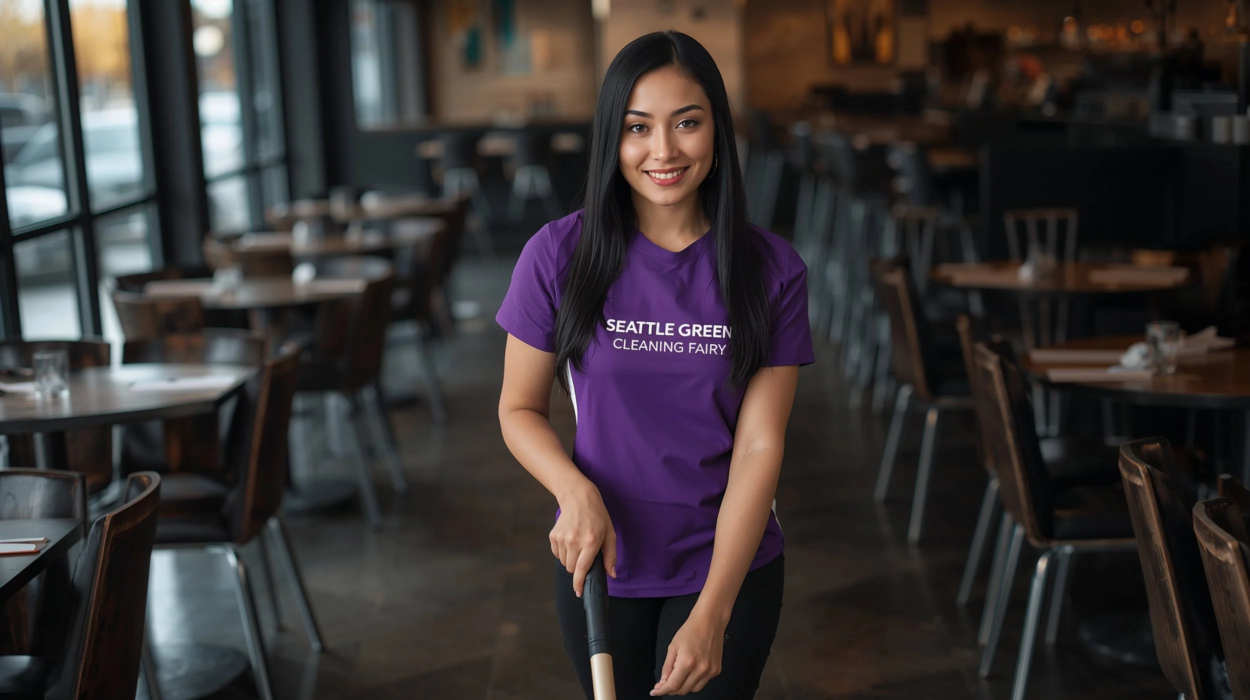 Female restaurant cleaner mopping tile floors in modern Seattle dining space.