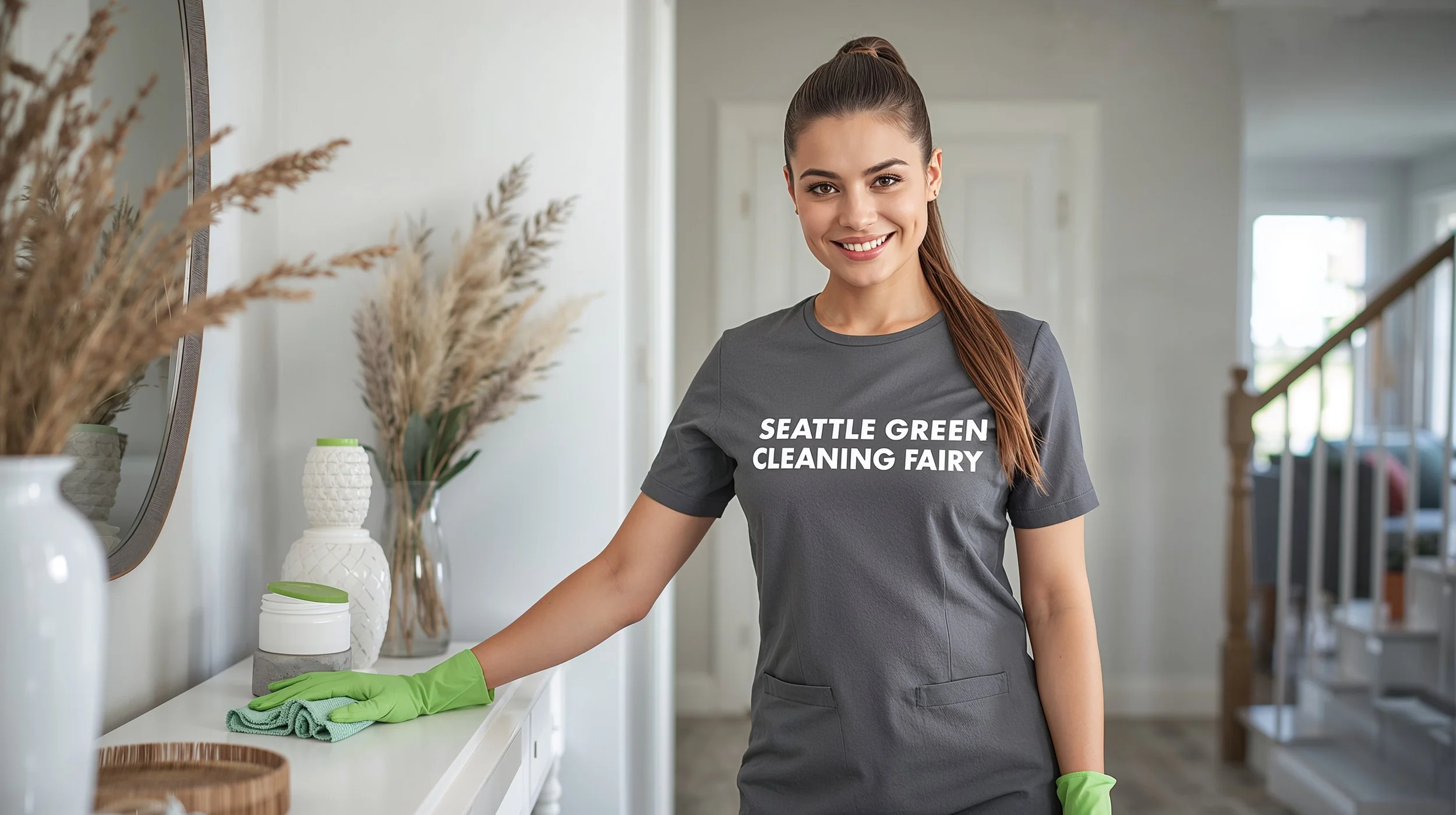 Seattle Green Cleaning Fairy wiping entryway table in Renton Washington home