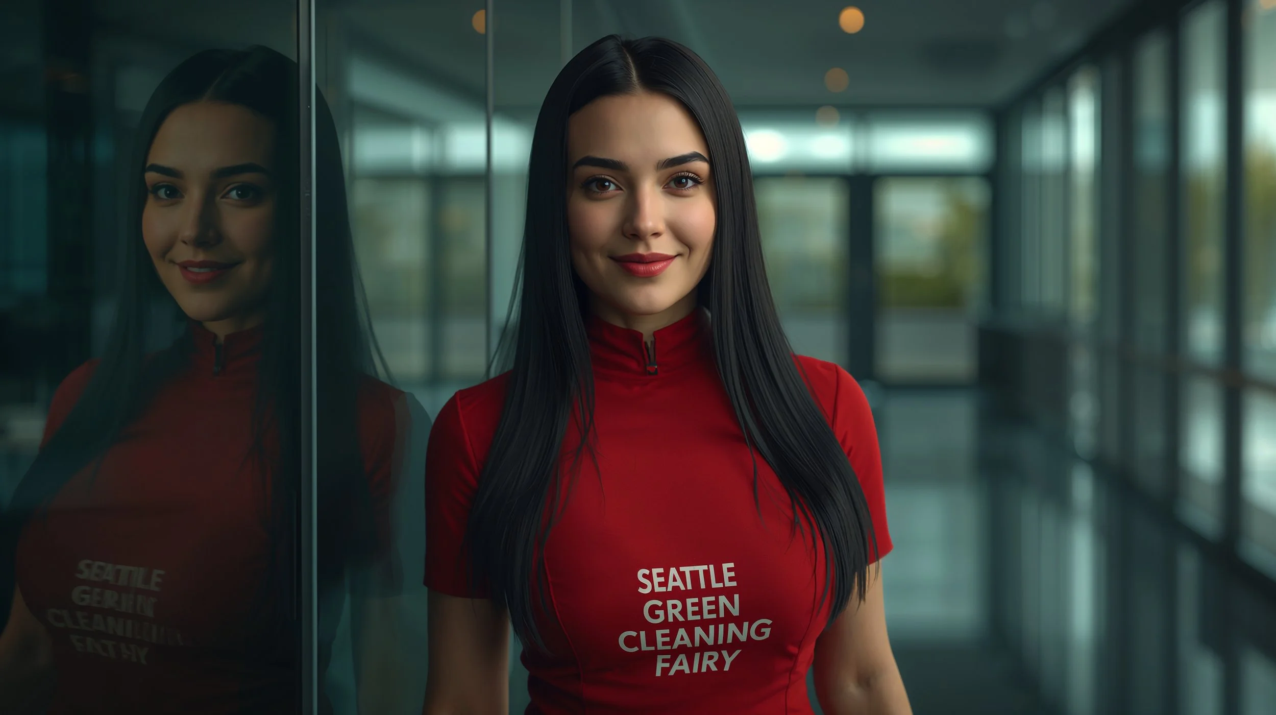 Professional cleaner detailing glass walls in a Seattle corporate office