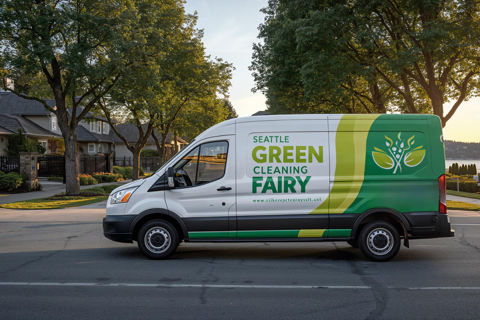 Seattle Green Cleaning Fairy van in tree-lined Medina Bellevue neighborhood