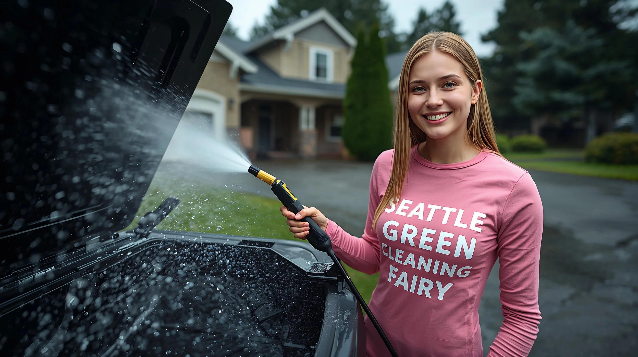 Blonde female technician pressure washing a residential trash bin in Seattle driveway wearing pink Seattle Green Cleaning Fairy uniform.