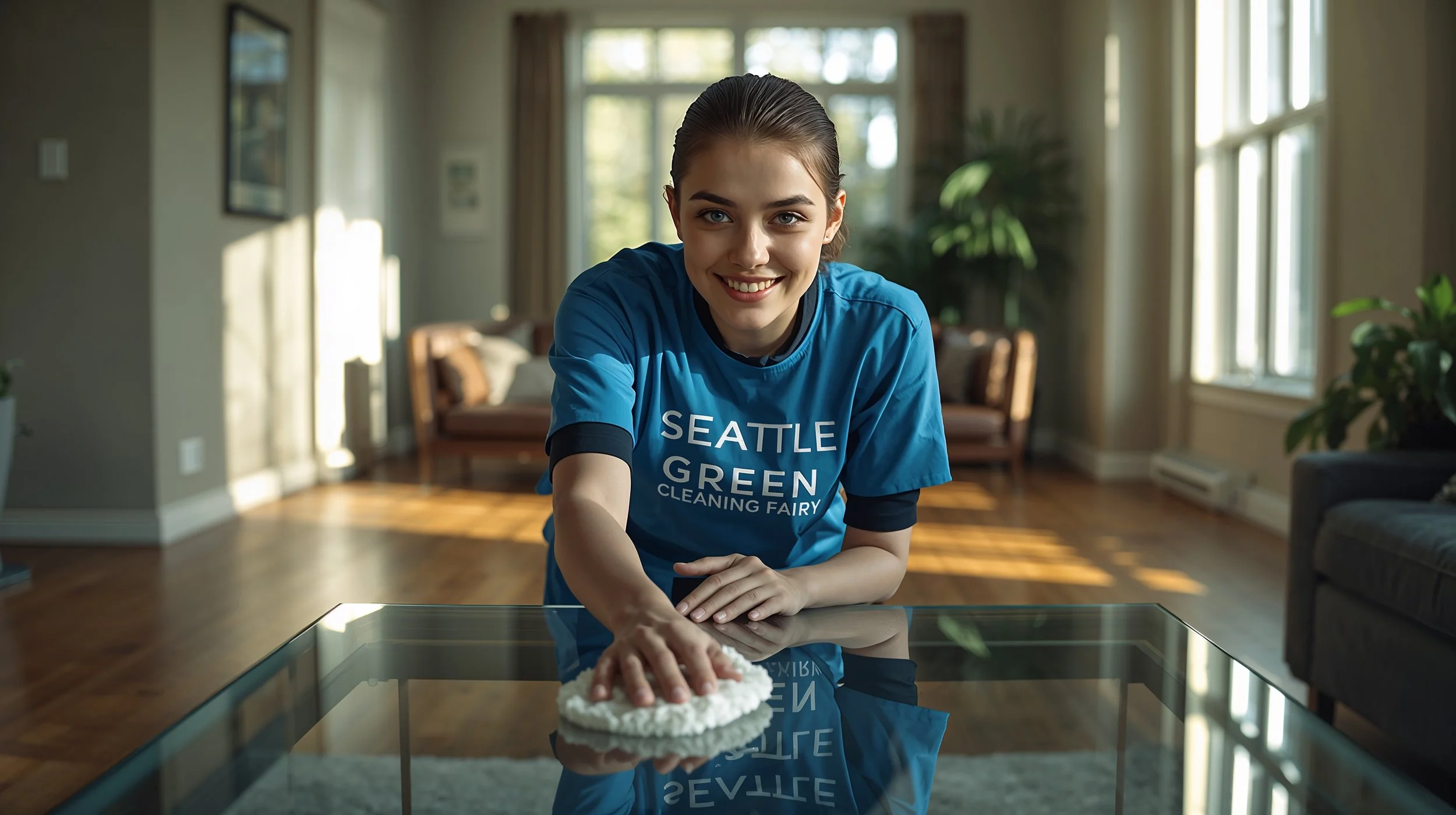 Professional cleaner polishing glass table in Seattle living room