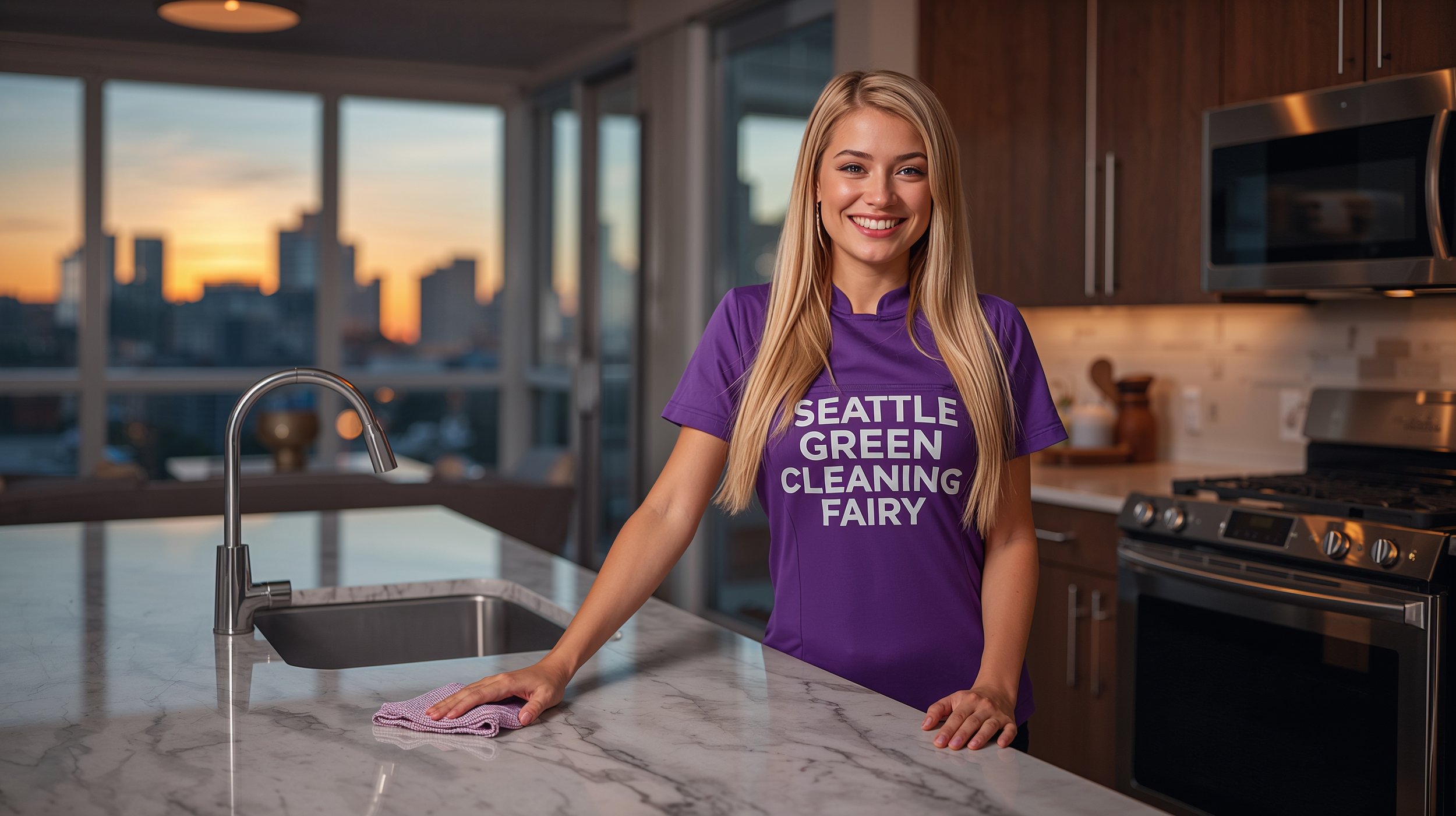 Professional apartment cleaner polishing marble kitchen island in upscale Bellevue high-rise with skyline view