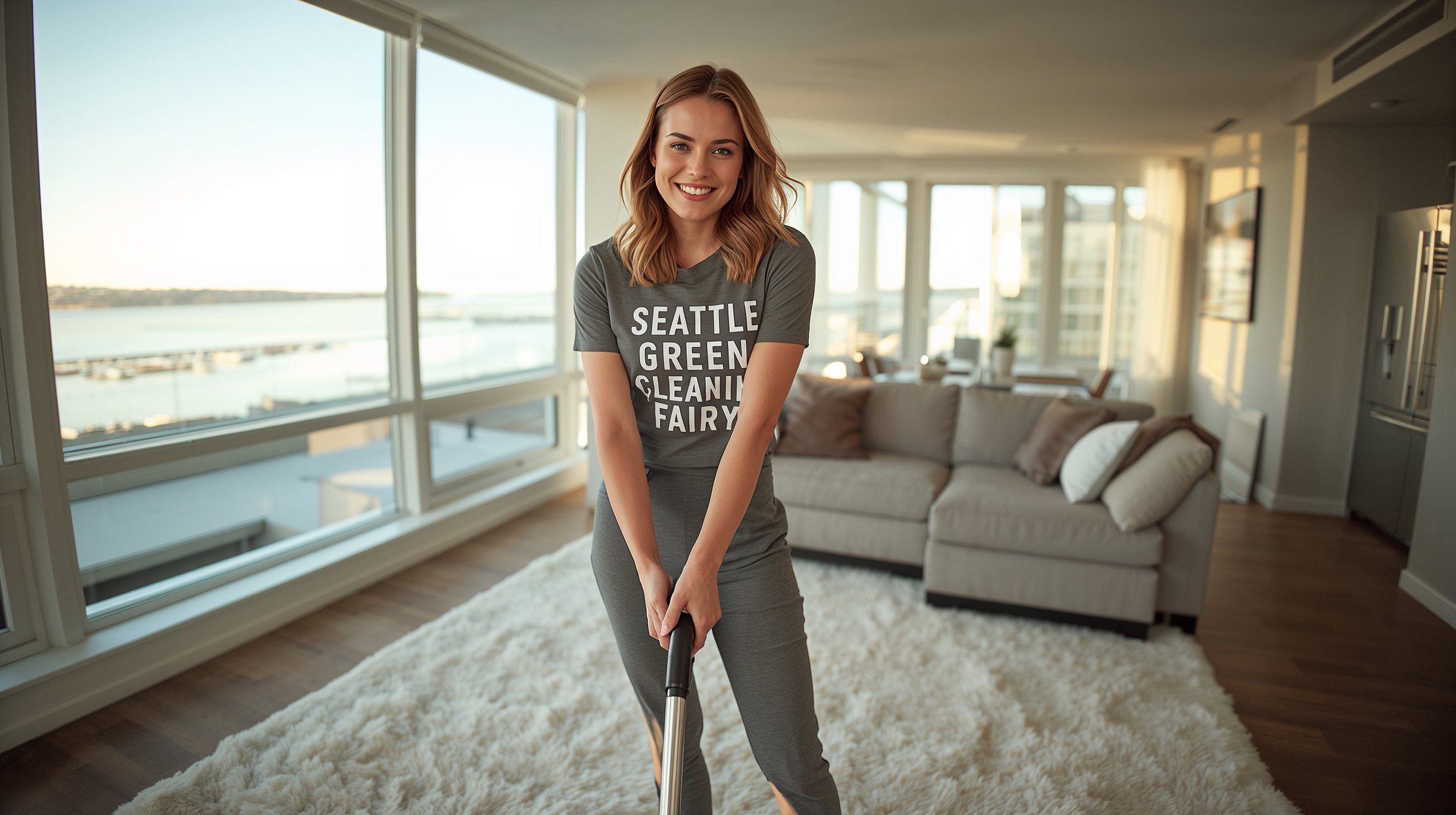 Professional female cleaner vacuuming white rug in modern Seattle waterfront condo with ocean view.