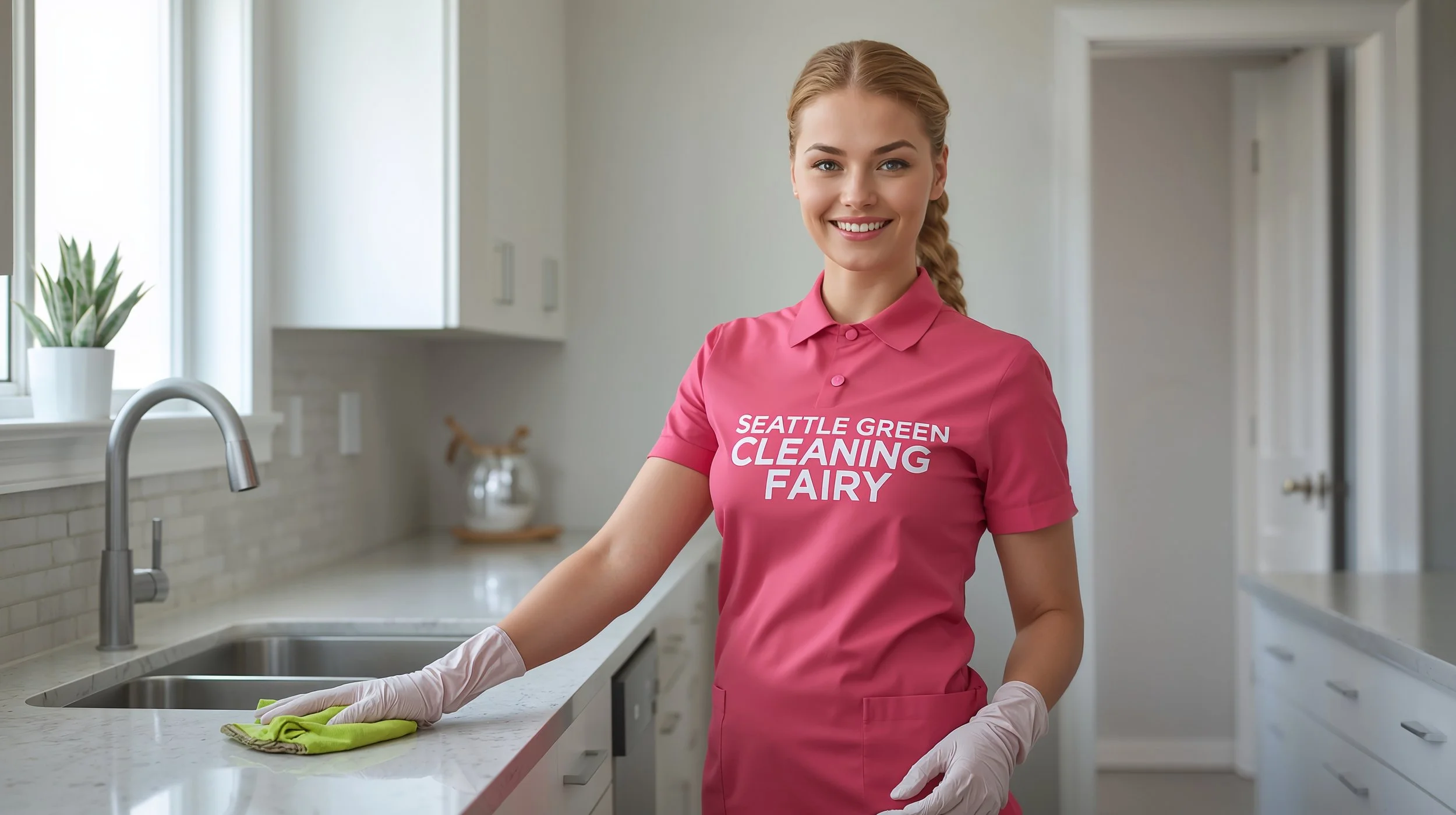 Seattle Green Cleaning Fairy wiping kitchen cabinets in Shoreline Washington