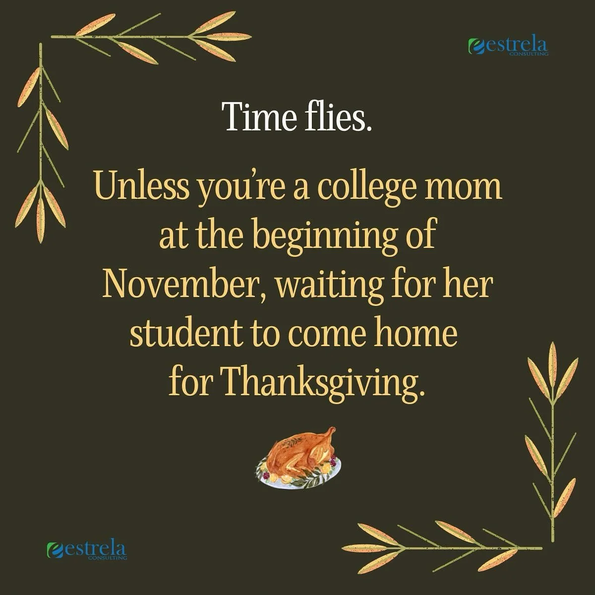Counting down the days &lsquo;til turkey, hugs, and laundry piles. Hang in there, college moms, your babies will be home before you know it! ❤️

#college #collegeconsulting #collegelife #collegemom #moms #mom #momsofig #collegehacks #thanksgivingbrea