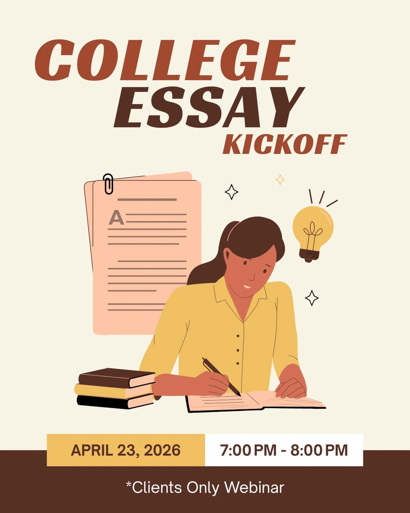 Estrela students in the Class of 2027 will kick off their college application essay process with these workshops! 📚✏️💻

⭐️Registration info will be shared with Estrela families via STAR Notes.⭐️

https://www.estrelaconsulting.com/events/clients-onl