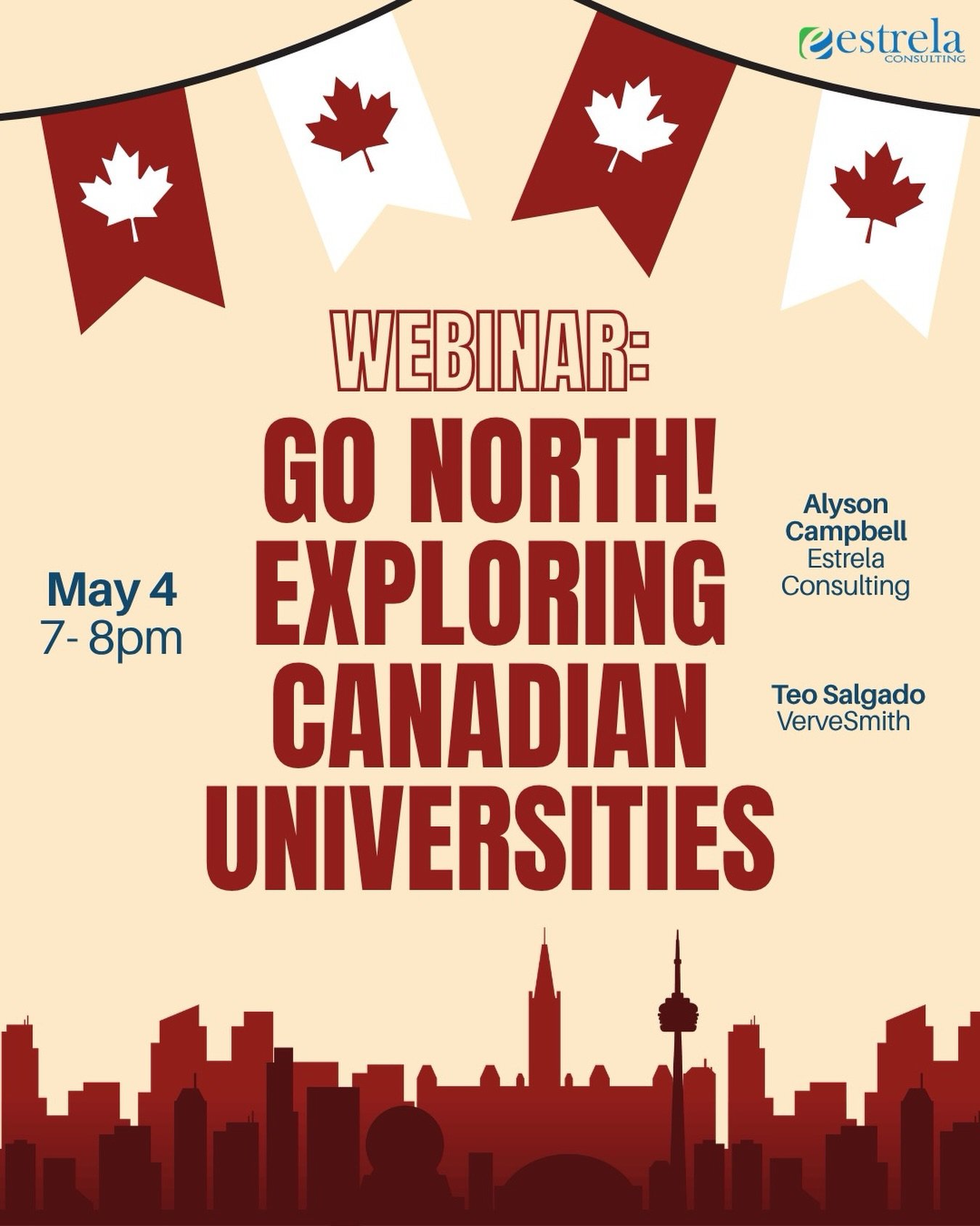 If you are an American student thinking about crossing the Canadian border for college, this webinar is for you🇨🇦

 Join independent educational consultants Alyson Campbell (Estrela Consulting), and Teo Salgado (VerveSmith) as they lead you through