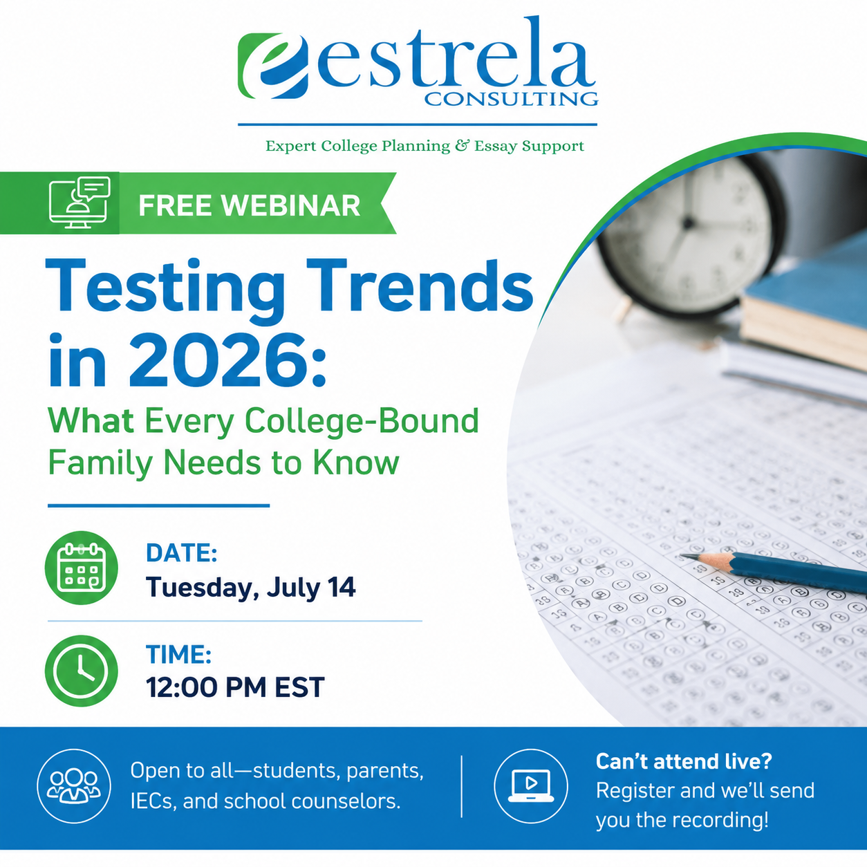 FREE WEBINAR- Testing Trends in 2026: What Every College-Bound Family Needs to Know