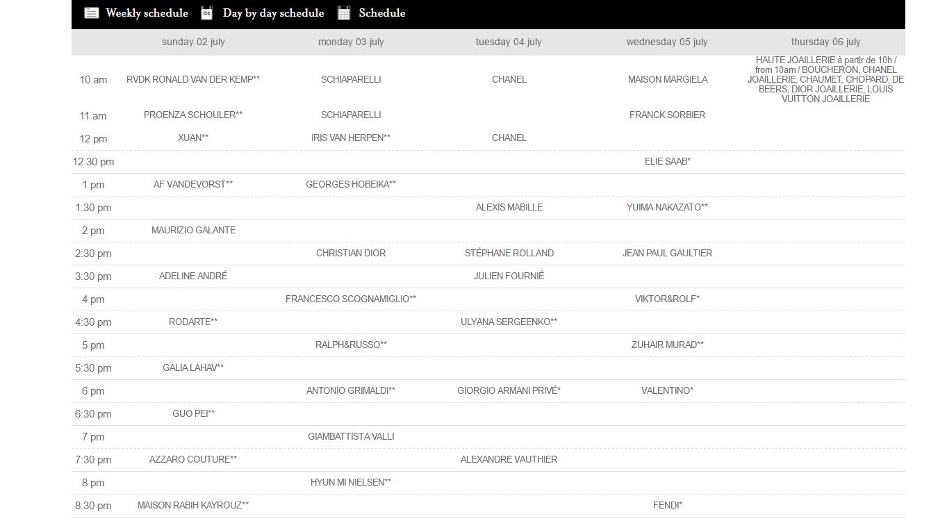  Calendar of the Fédération Française de la Couture du Prêt-à-Porter des Couturiers et des Créateurs de Mode