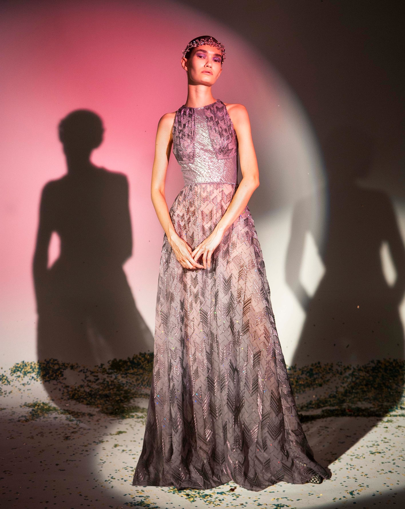 FW19-15 Lilac Silk Chiffon Gown Embellished With Silicone Plaids And Holographic Sequins .jpg