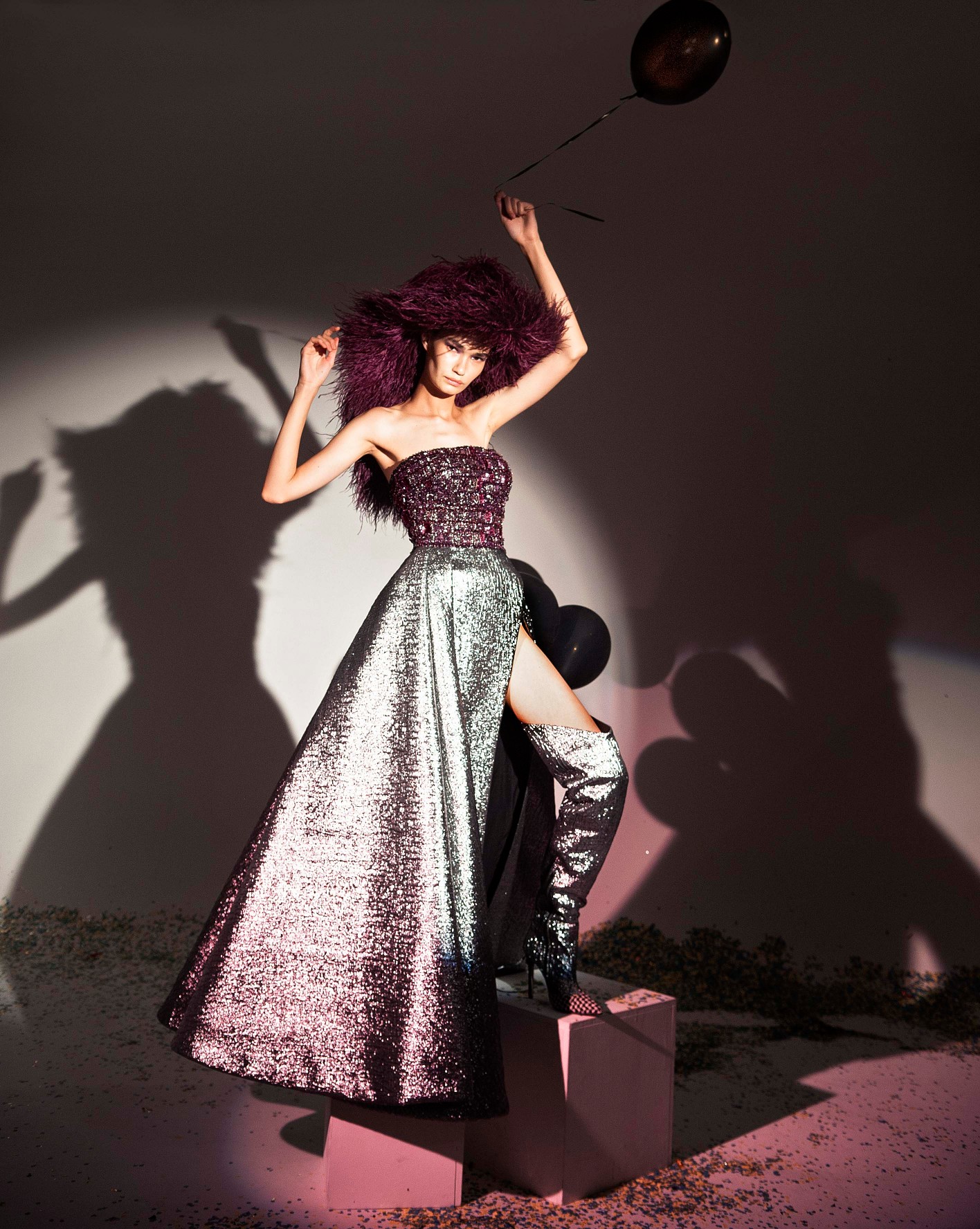 FW19-20 Metallic Broquard Ball Gown Embellished With Crystals, Sequins And Raffia With A Side Slit .jpg