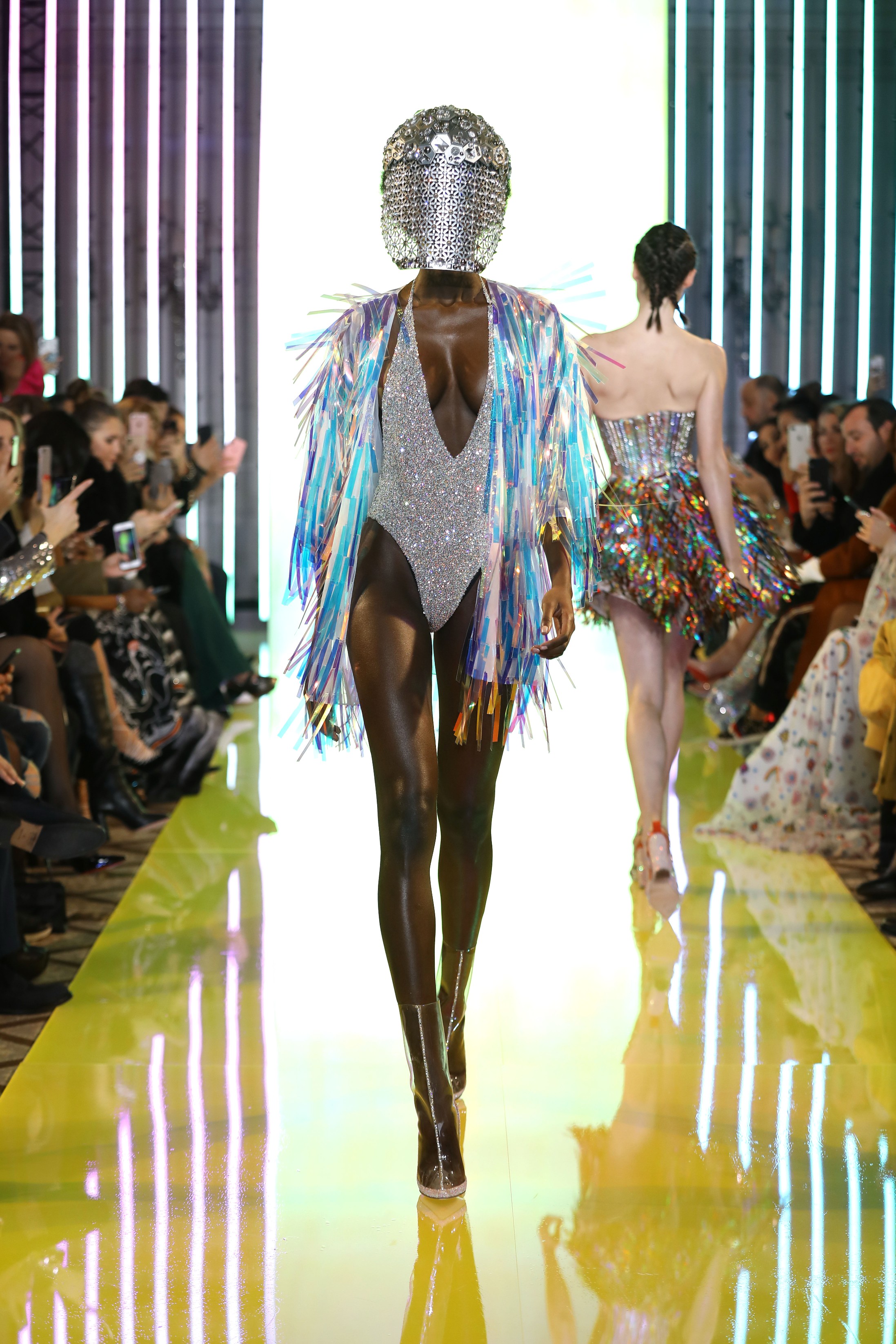 SS19-2 Holographic Crystals Fully Embellished Ensemble Paired With A Laser-Cut Iridescent Sequins Fringed Jacket .jpg