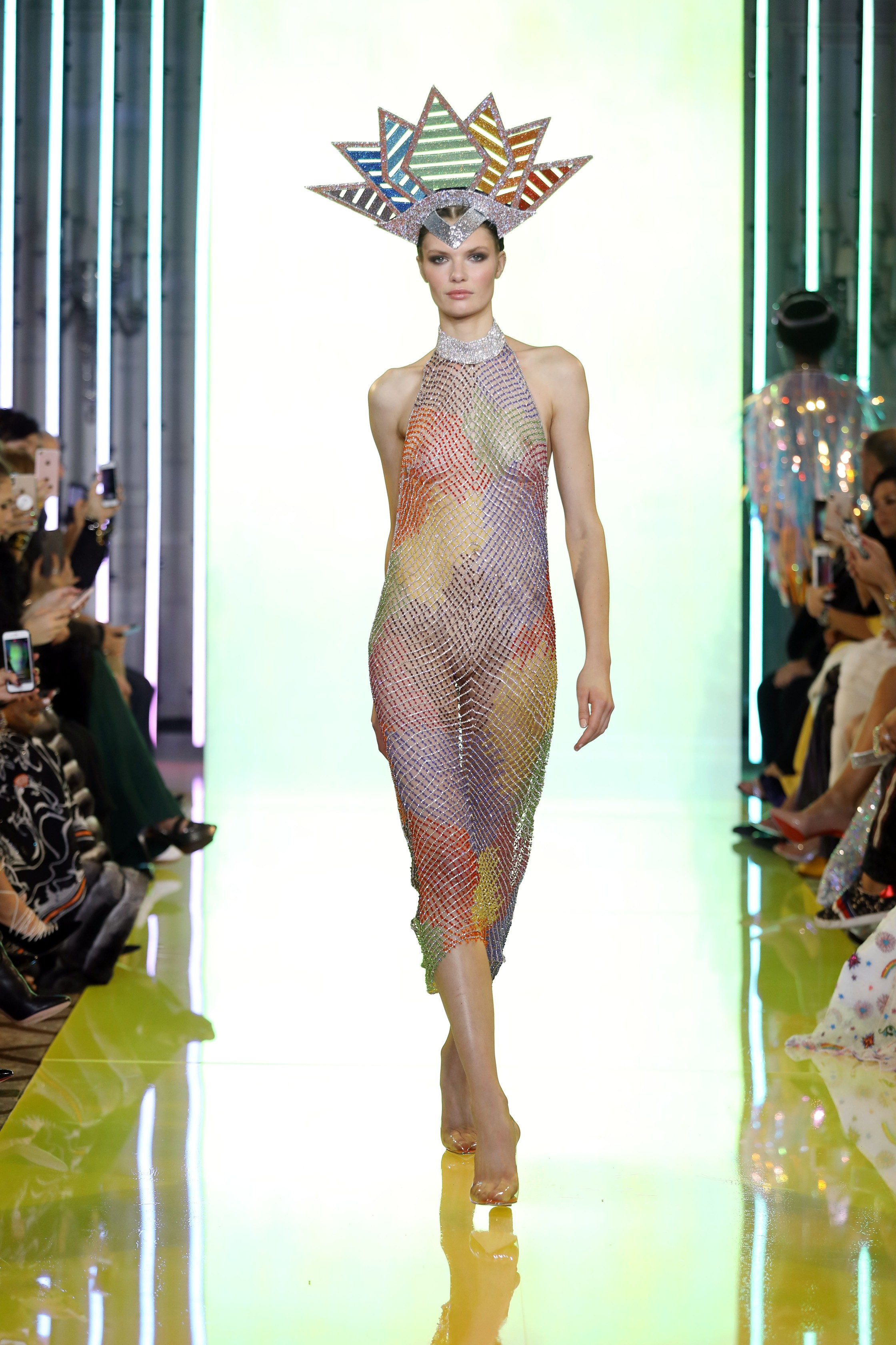 SS19-3 Rainbow Colored Fishnet Dress Embellished Wth Swarovski Crystals Featuring A Highlighted Neckline Of Silver Crystals  .jpg