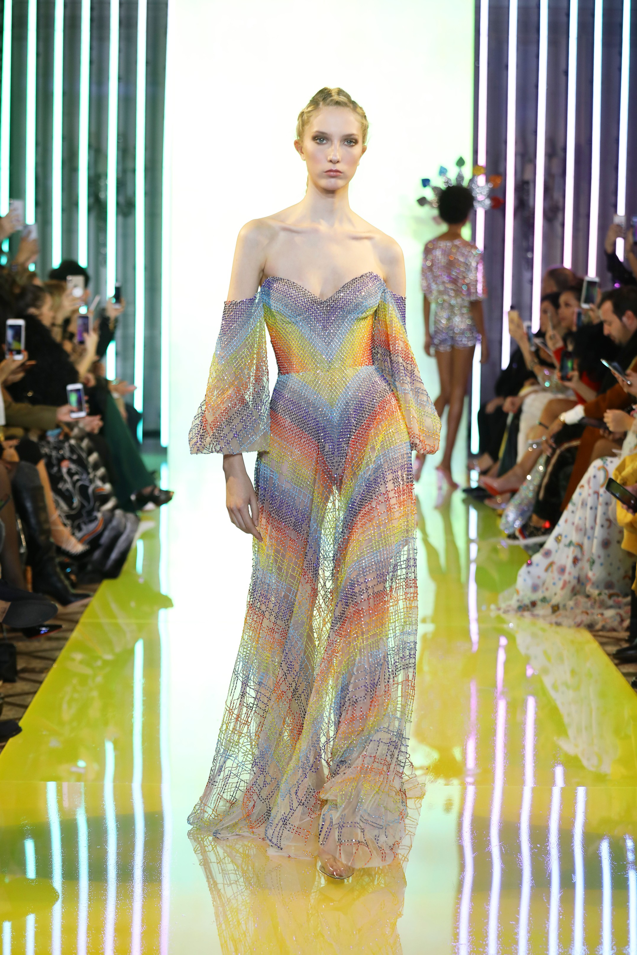 SS19-5 Rainbow Colored See-Through Dress Embellished With Beads And Swarovski Crystals, Featuring Puffy Sleeves .jpg