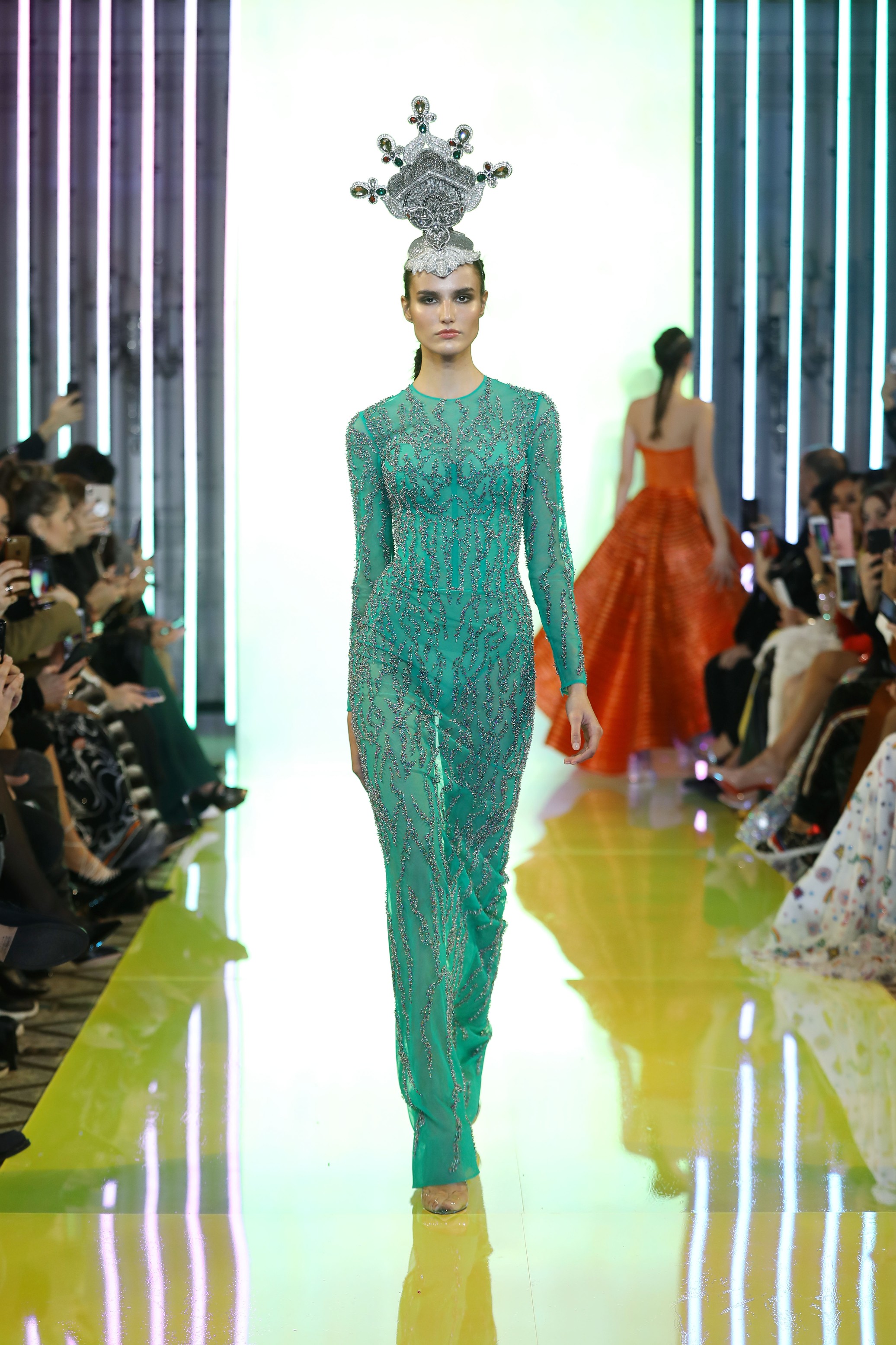 SS19-14 Petrol Green Long Dress Embellished With Colored Swarovski Crystals And Beads .jpg