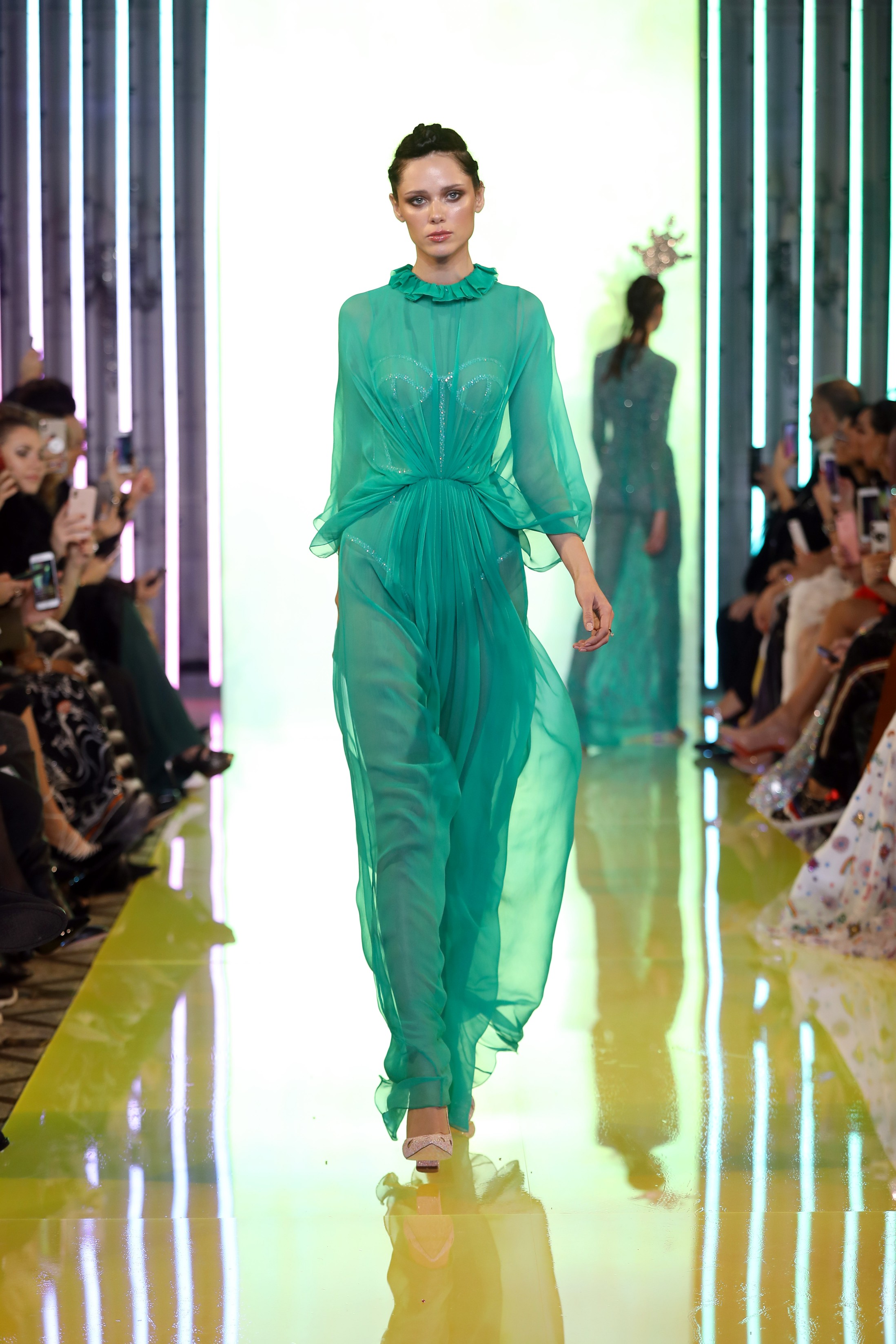 SS19-15- Petrol Green Silk Chiffon Dress Featuring A Bustier Highlighted With Swarovski Stones .jpg