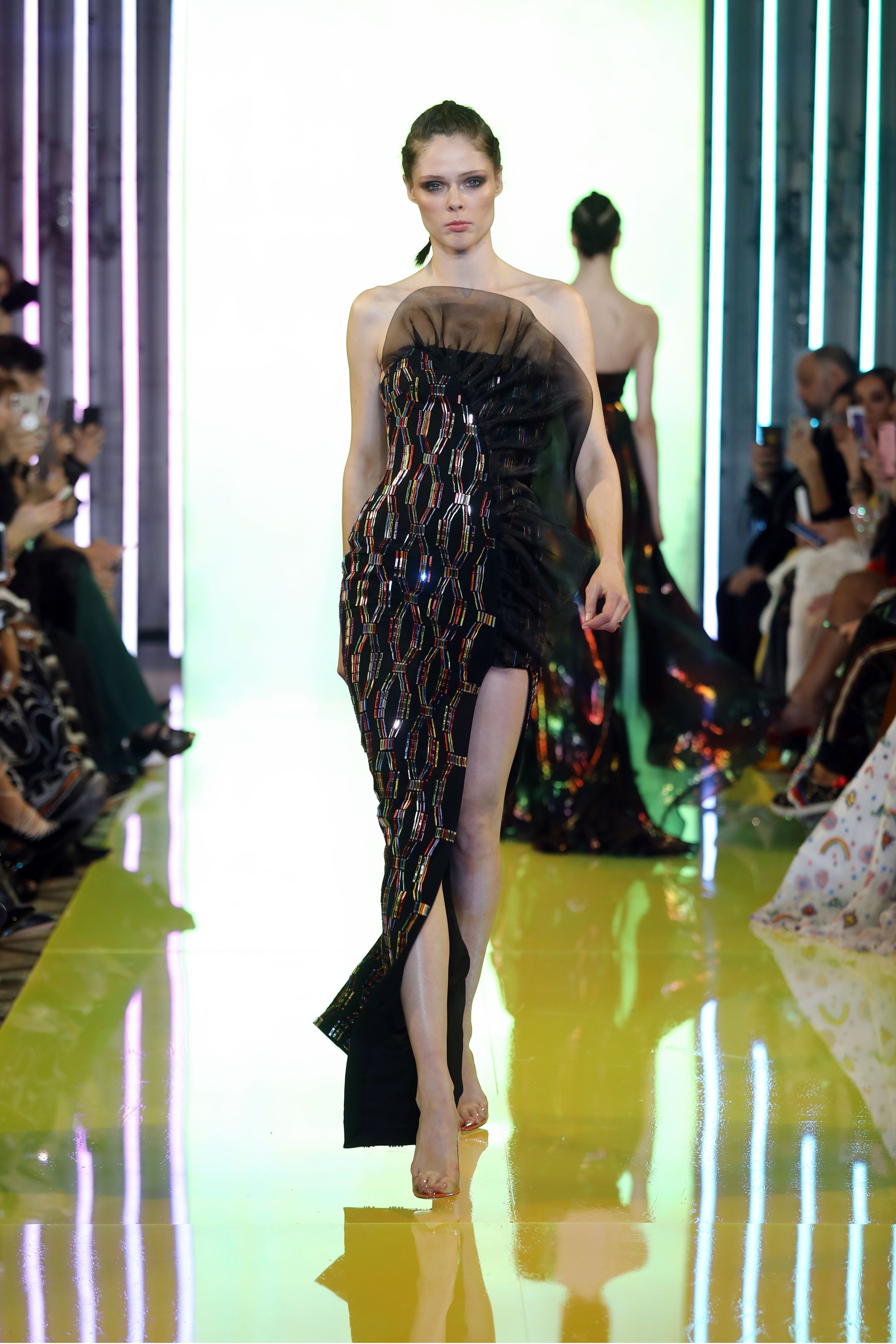 SS19-20- Black Gown Embellished With Colored Laser-Cut Mirrors Featuring A Structured Organza Side Ruffle And Slit .jpg