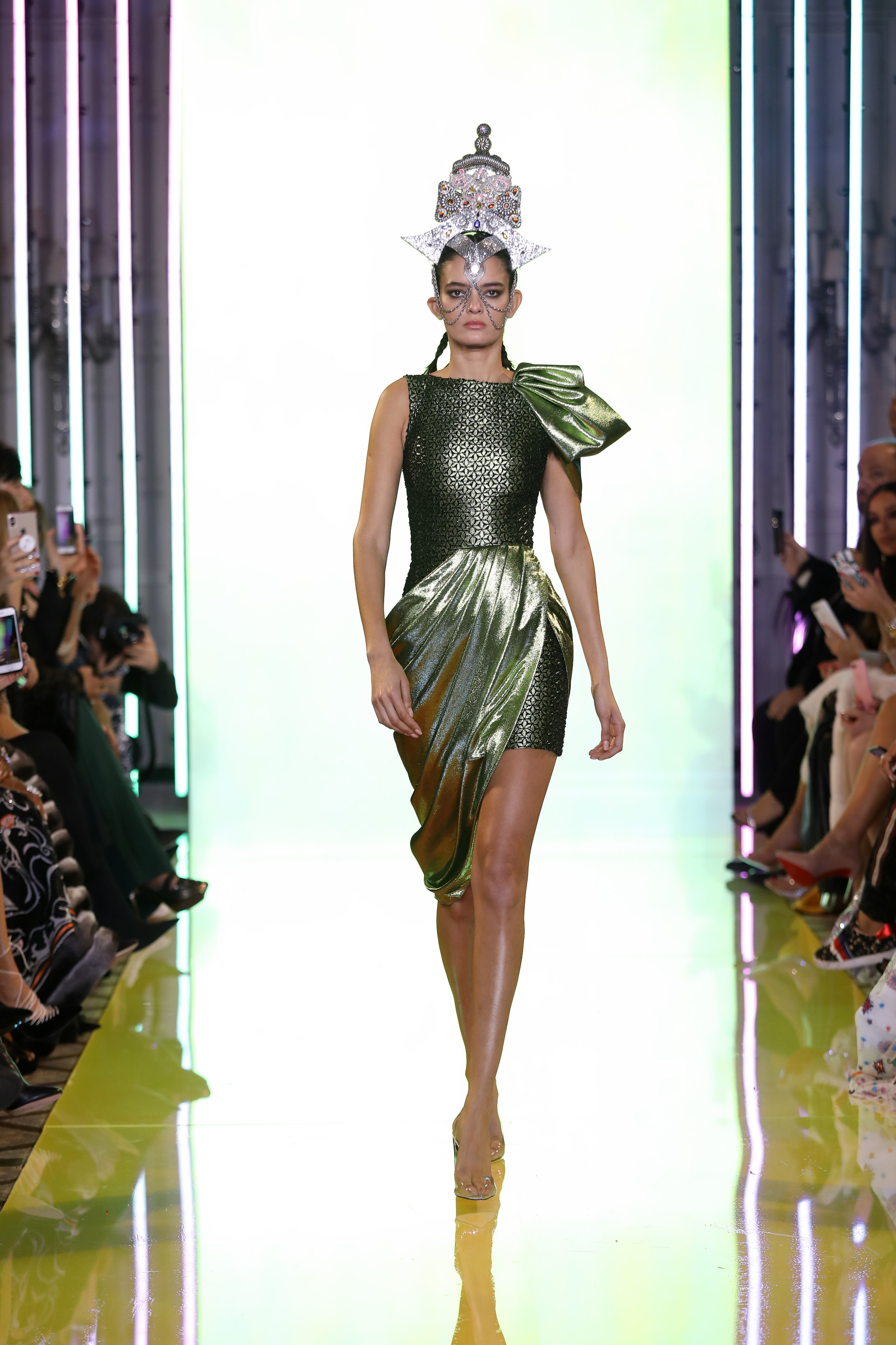 SS19-29- Olive Green Asymmetric Gown Featuring A Tulip Skirt And Boat Neck Top Embellished With Black Beads .jpg