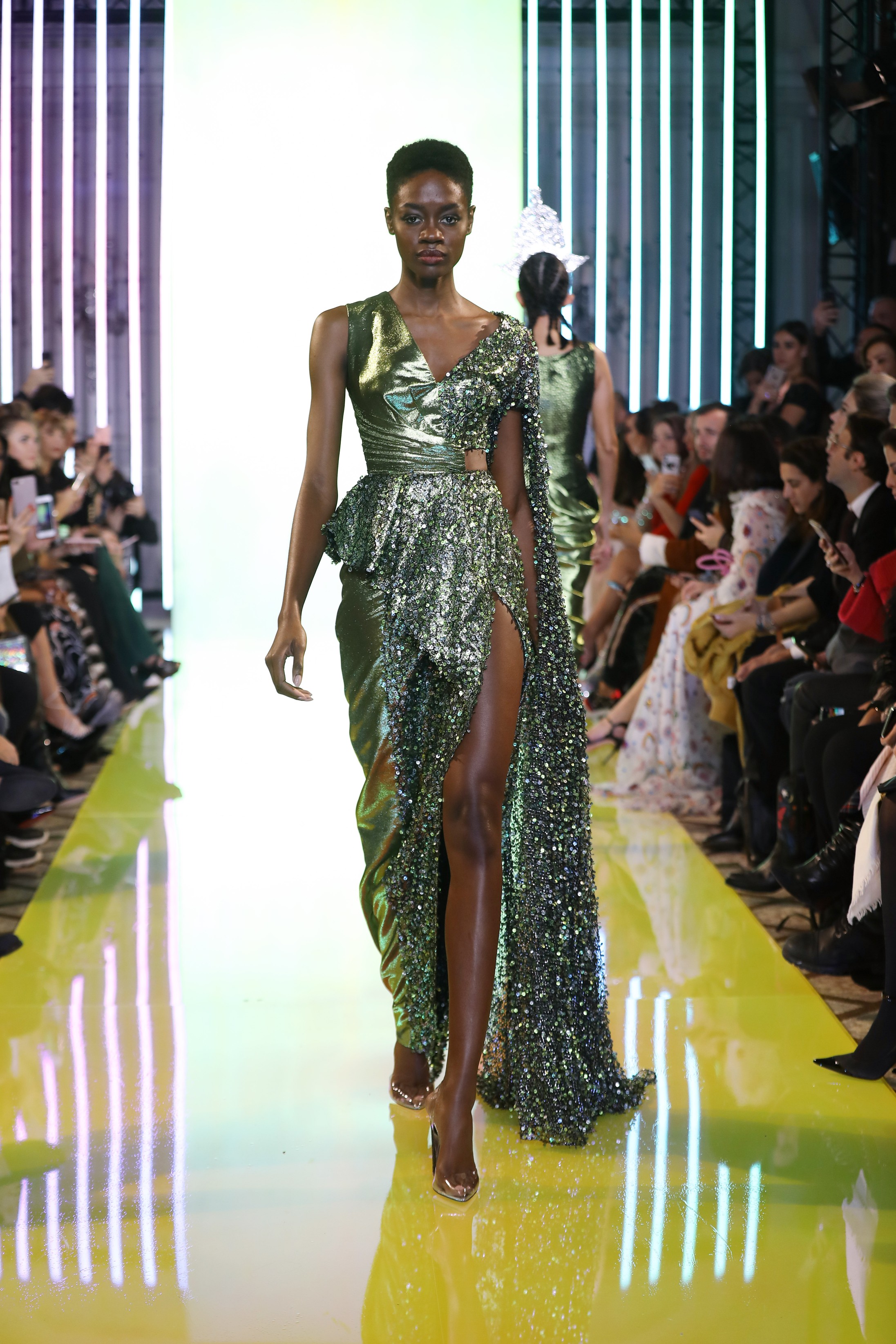 SS19-30- Olive Green Asymmetric Dress Featuring Threads And Sequins Embellishements And A Side Slit .jpg