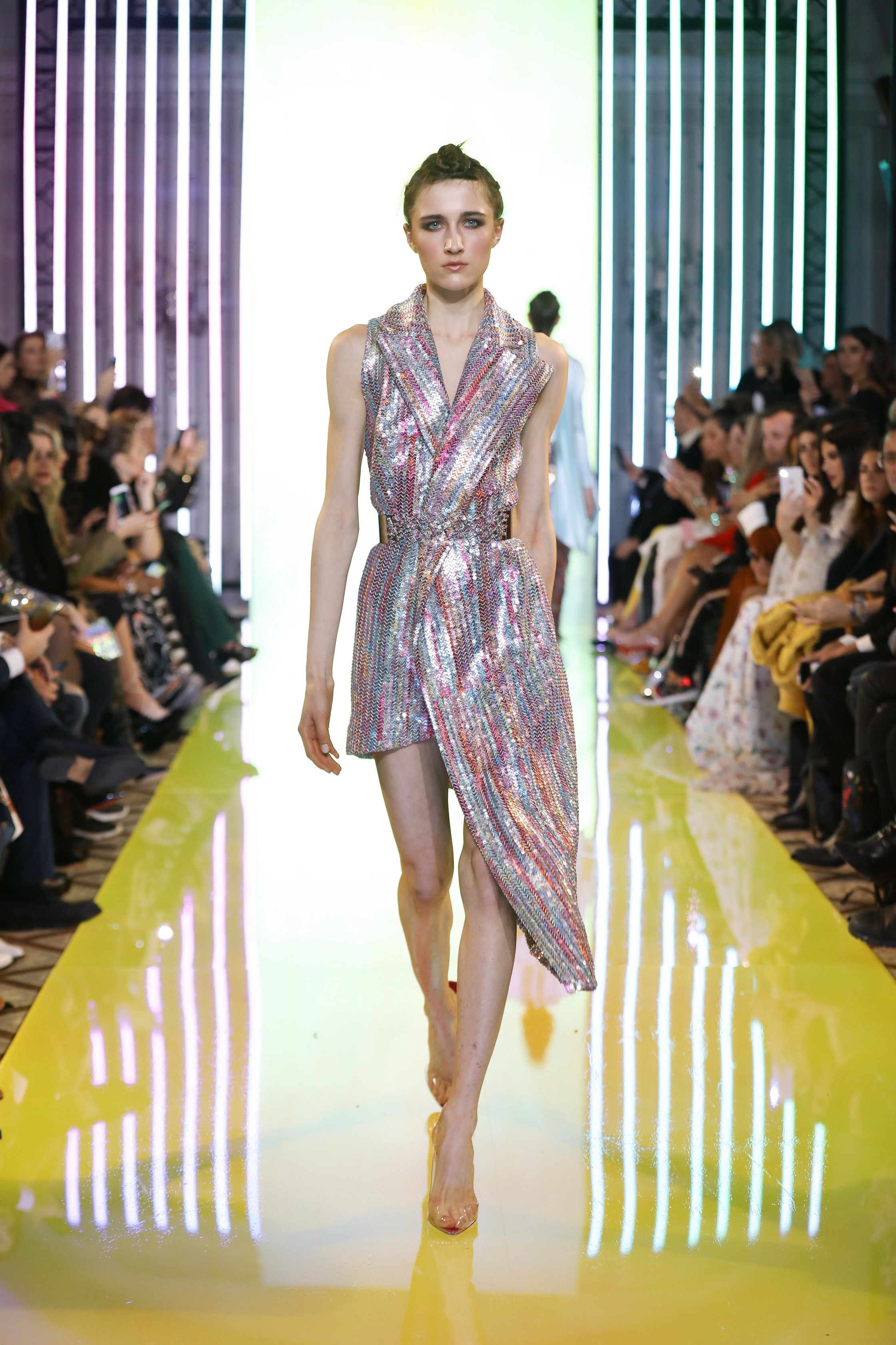 SS19-36- Pastel Metallic Asymmetric Tailleur Dress Featuring Holographic Colored Sequins And Silver Scroll Sequins .jpg