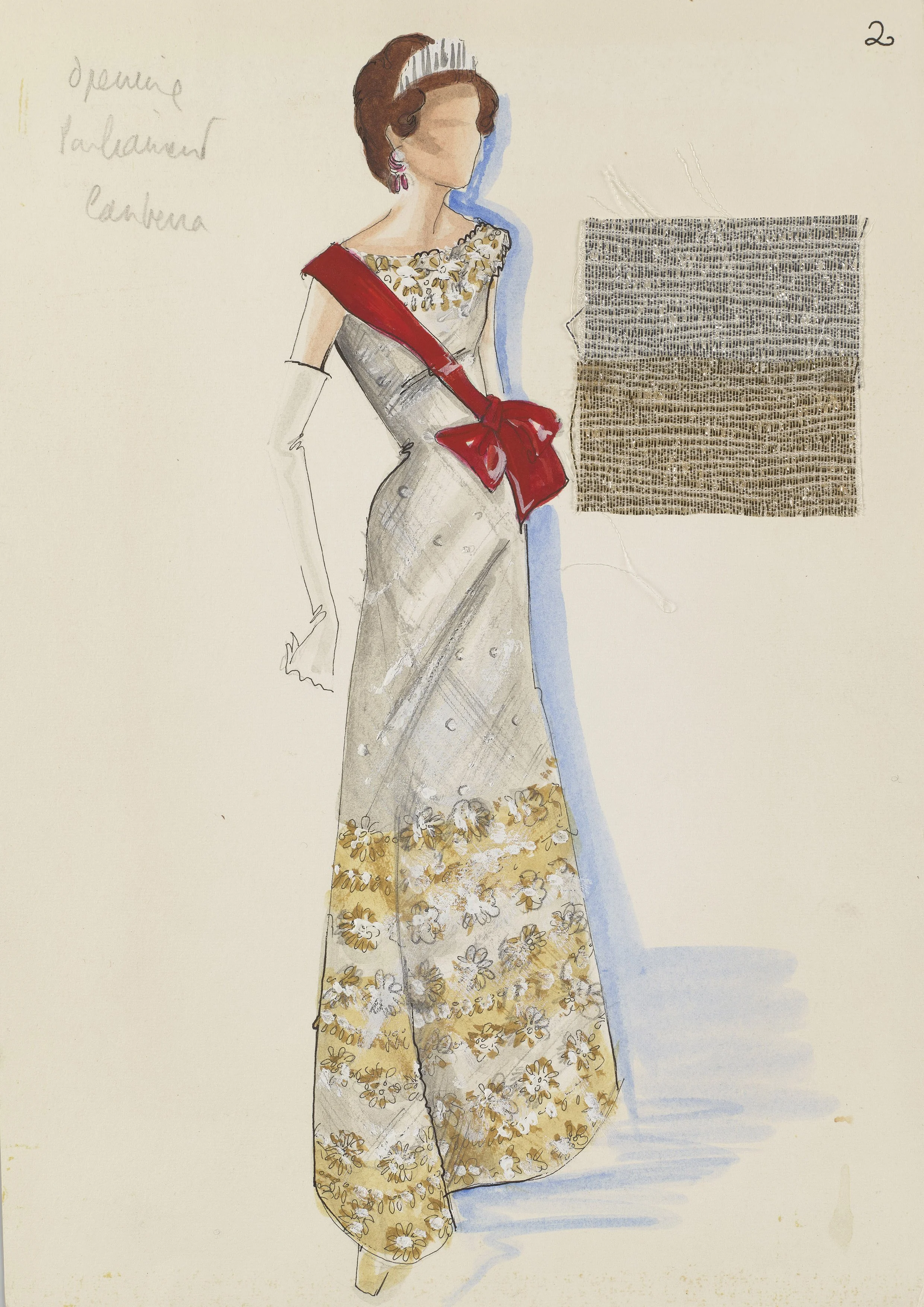 Illustration for a silver lamé beaded shift dress worn during a State Visit to France in 1972, Norman Hartnell.