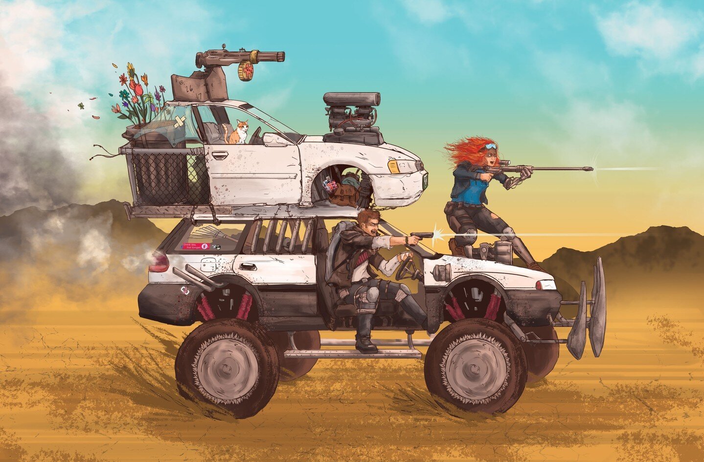 Here's an illustration I did of the lady and I on the hunt for more &quot;Guzzolene&quot;. Kaleo, our cat is along for the ride. Set in the fantastic world of Mad Max. I'm excited to watch through these again, just talking about it!