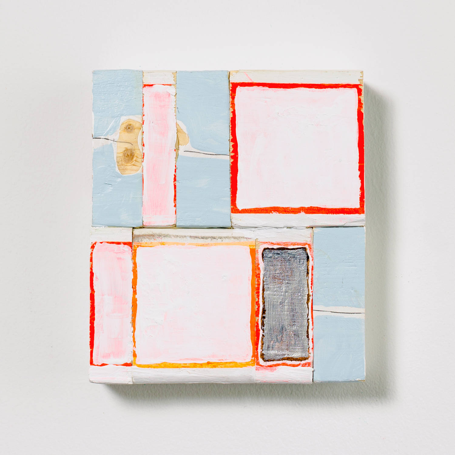 Torn Receipts , 2017, acrylic, enamel and graphite on wood, 6.75 x 6 x 1.5 in