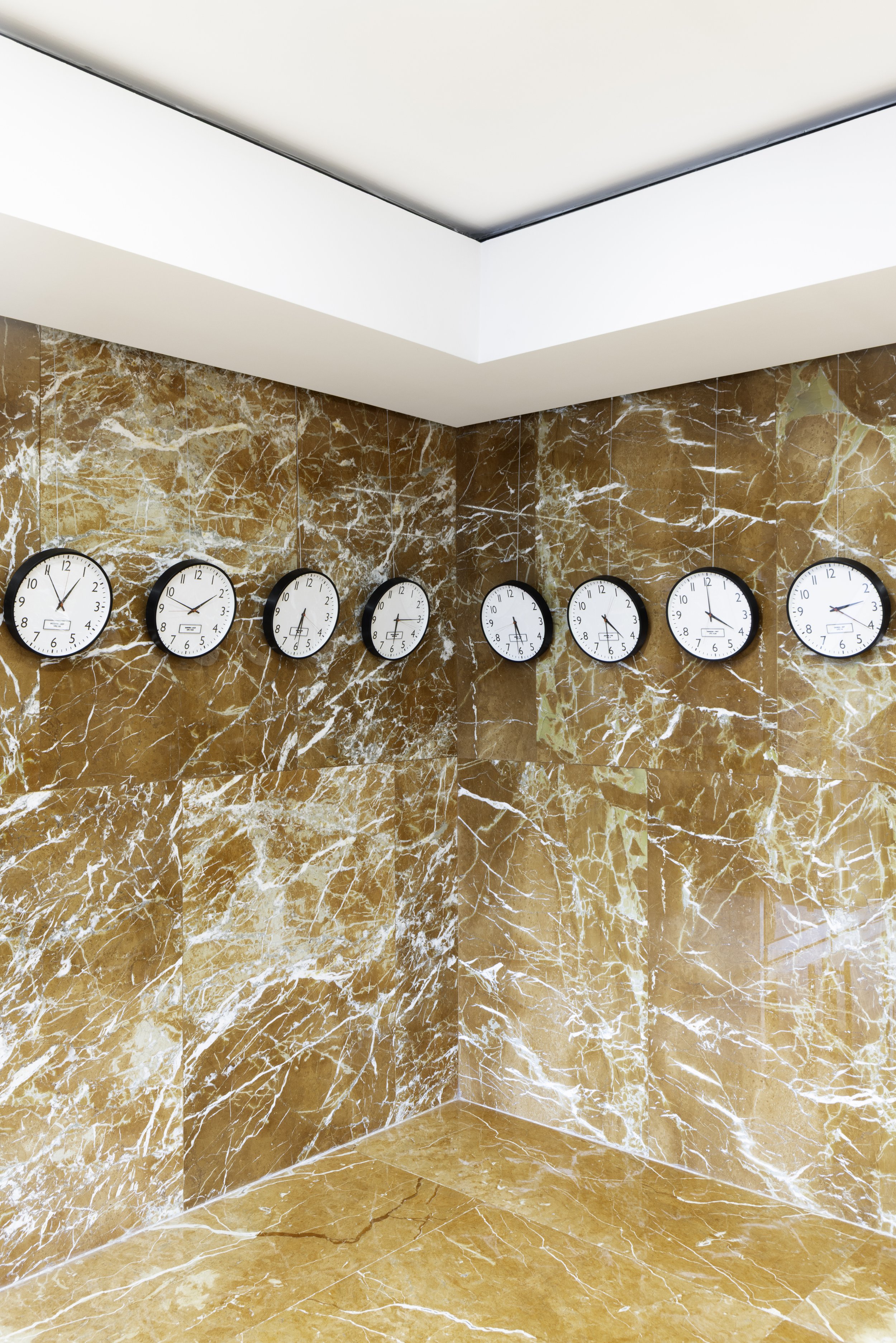  Ficus Interfaith, Universal Coordinated Time, 2025, Each piece 11.5 in dia x 1.5 in (29 cm dia x 3.8 cm), glass, metal, 3D printed plastic, Sky Lobby 