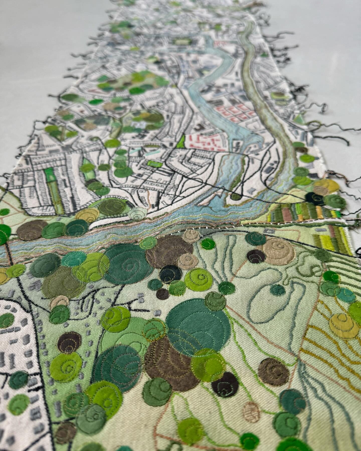 Ashton Court across Bristol to Temple Key. 125cm x 25cm. Freehand machine embroidery on canvas.  This is an exhibition piece I&rsquo;ve just made for the @westbristolarts Trail taking place during the second week of October.