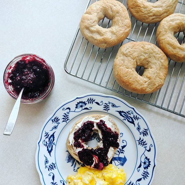 We found so many ripe juneberries on the trails yesterday!  I turned half of them into a honey-sweetened jam this morning for on our bagels. 
1 1/3 c berries, 1 1/2 T @ballcanning Real Fruit Pectin, 3 t lemon juice, and about 1/3 c honey.  I boiled i